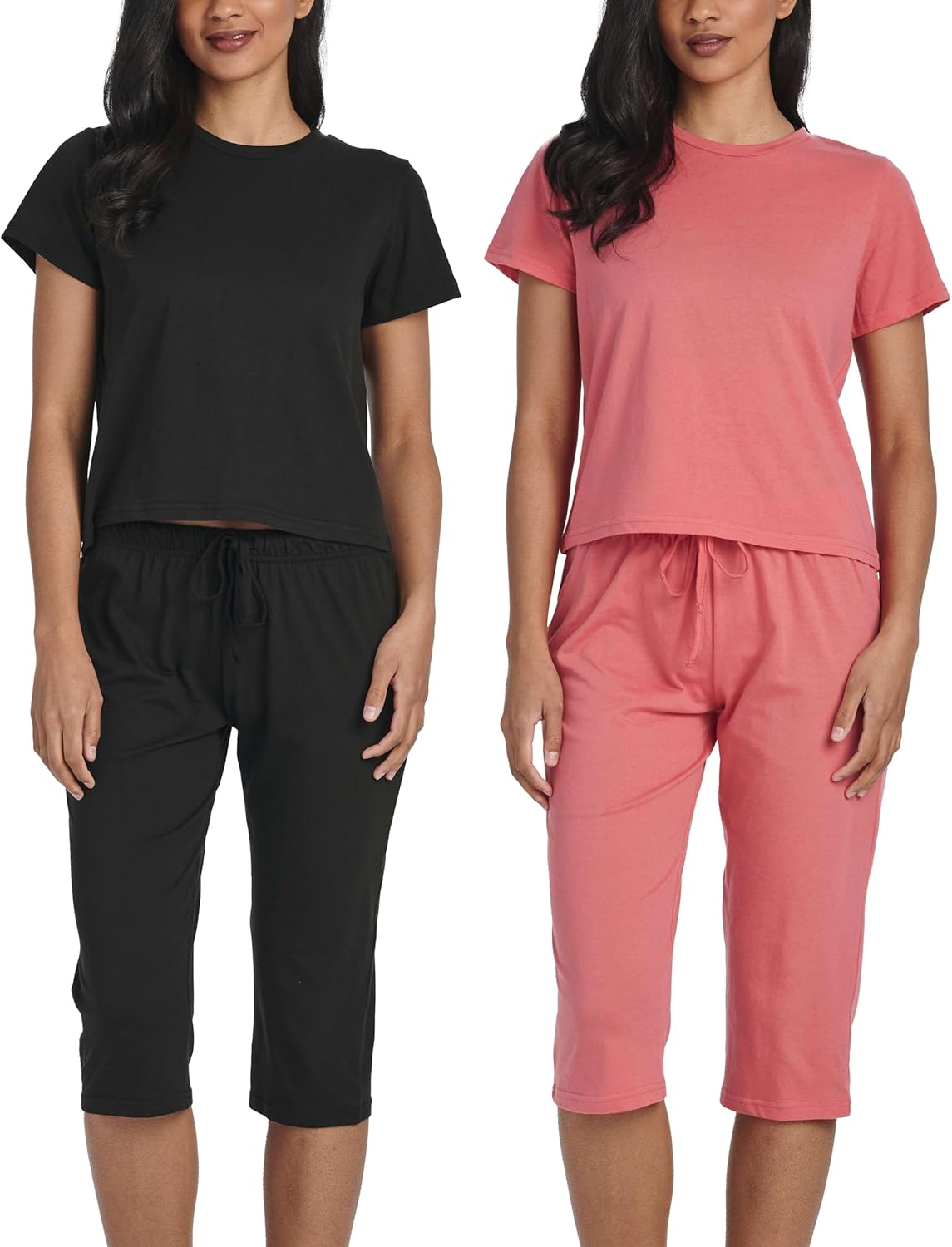 Real Essentials 2 Pack: Women's Cotton Short Sleeve Top and Capri Pants Pajama Lounge PJ Sets with Pocket (Available In Plus)