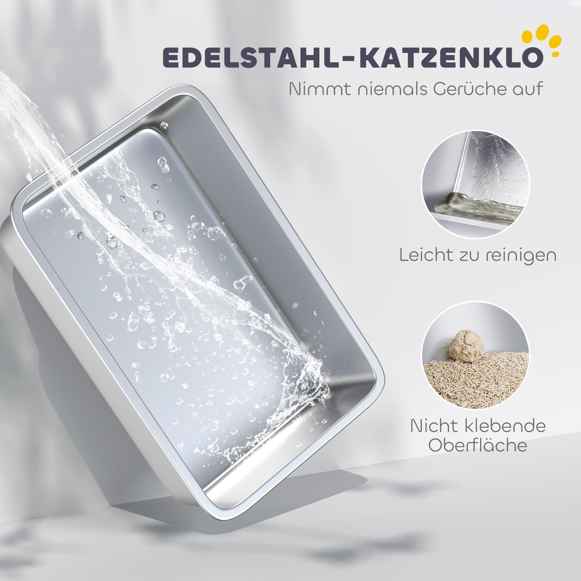 PawHut Katzentoilette Edelstahl XXL für Katzen 60,2 x 40,2 x 29,7 cm Grau | Edelstahl, Offene Katzenklo Ohne Deckel, Mit Schaufel, Hohem Rand, Cat Litter Box, Bis 7 kg