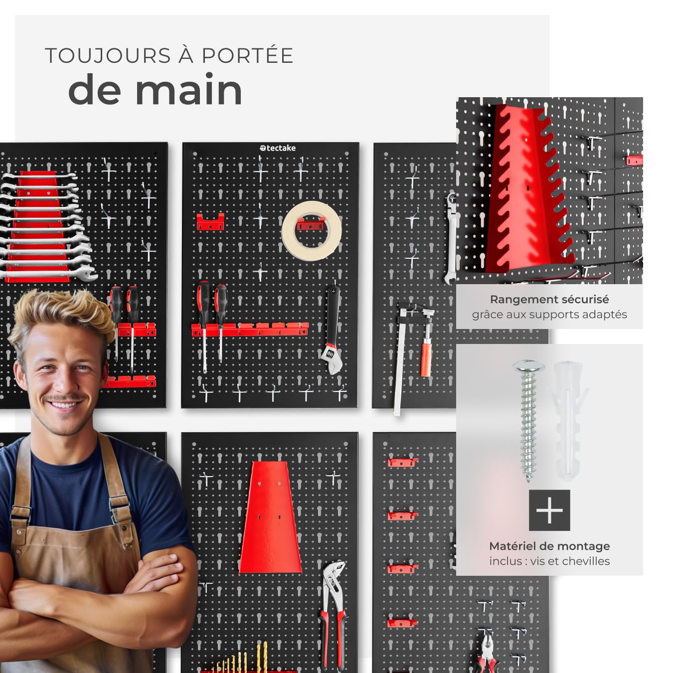 tectake® Panneau Mural Perforé Porte outils mural Lot de 6 Panneaux 240 x 2 x 60 cm 53 pcs Crochet & Supports, Extensible Système de rangement Outillage & visserie