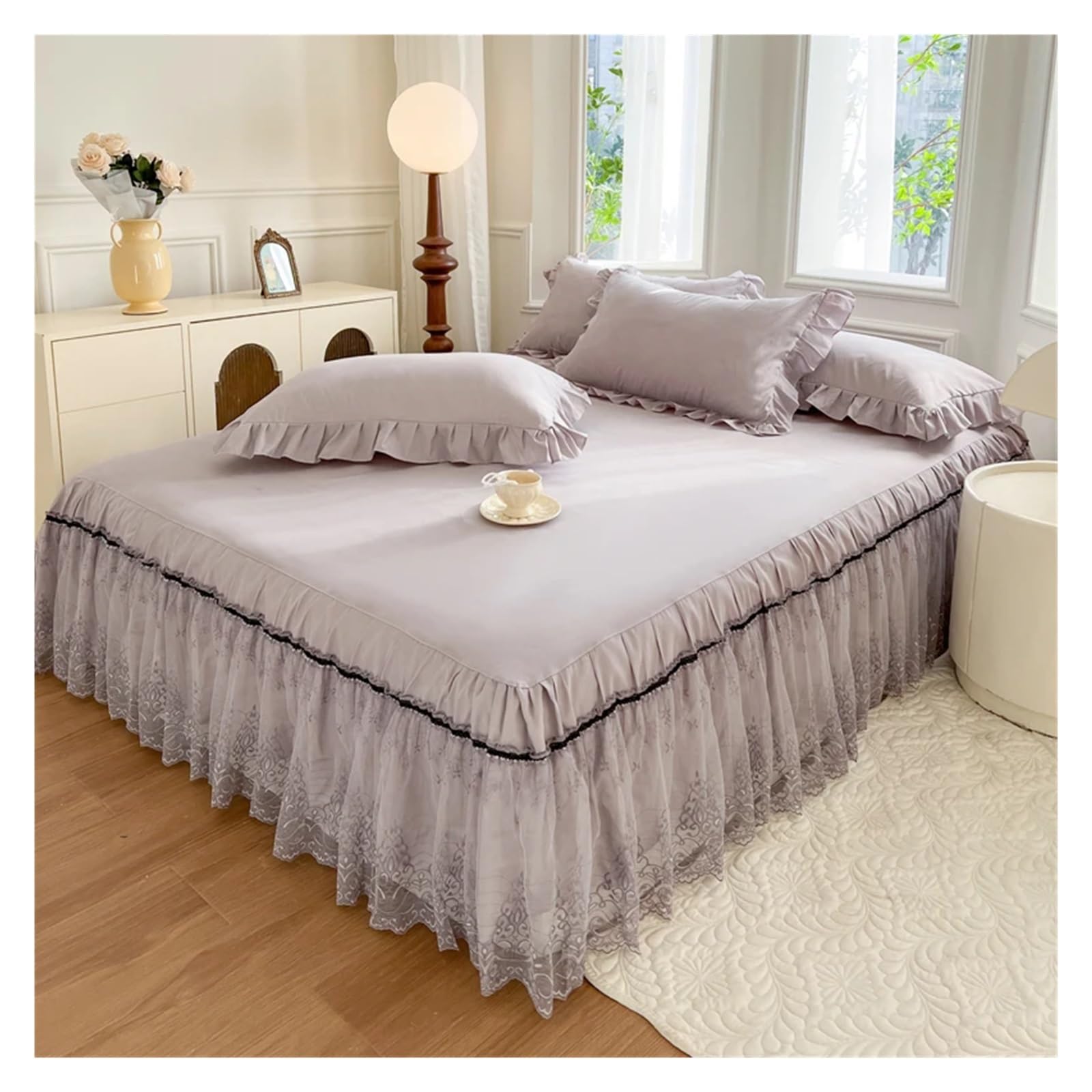Lace Bed Skirt With Pillowcases Bedding Bedspreads Sheet Solid Color Lace Bedding Set(02,180x200cm 3pcs)