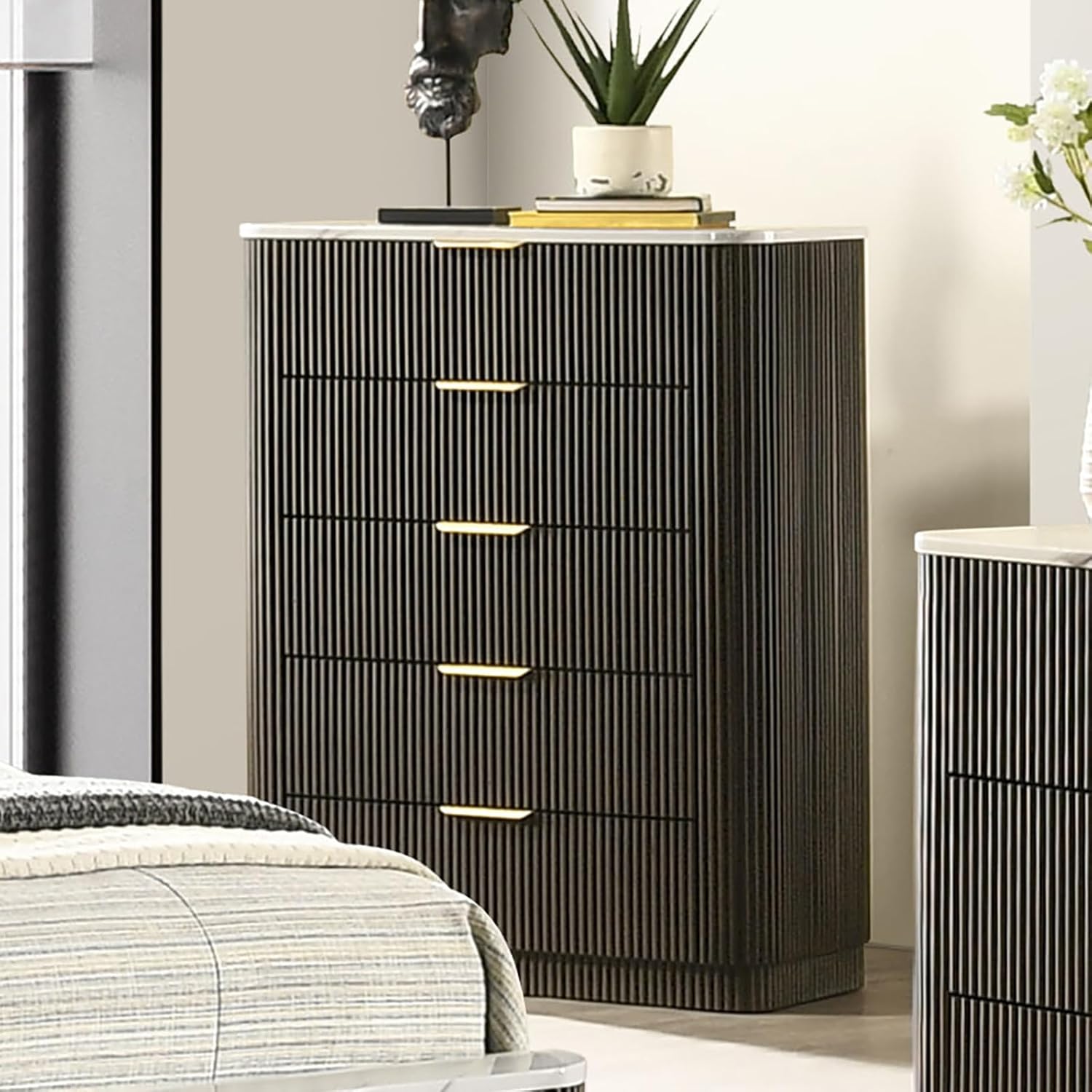 Queen Size 5pc Bed Set Dark Walnut Finish Bedroom Furniture Reeded Plinth Base Leatherette Headboard Artifical Marbal Top Channel Tufted Headboard