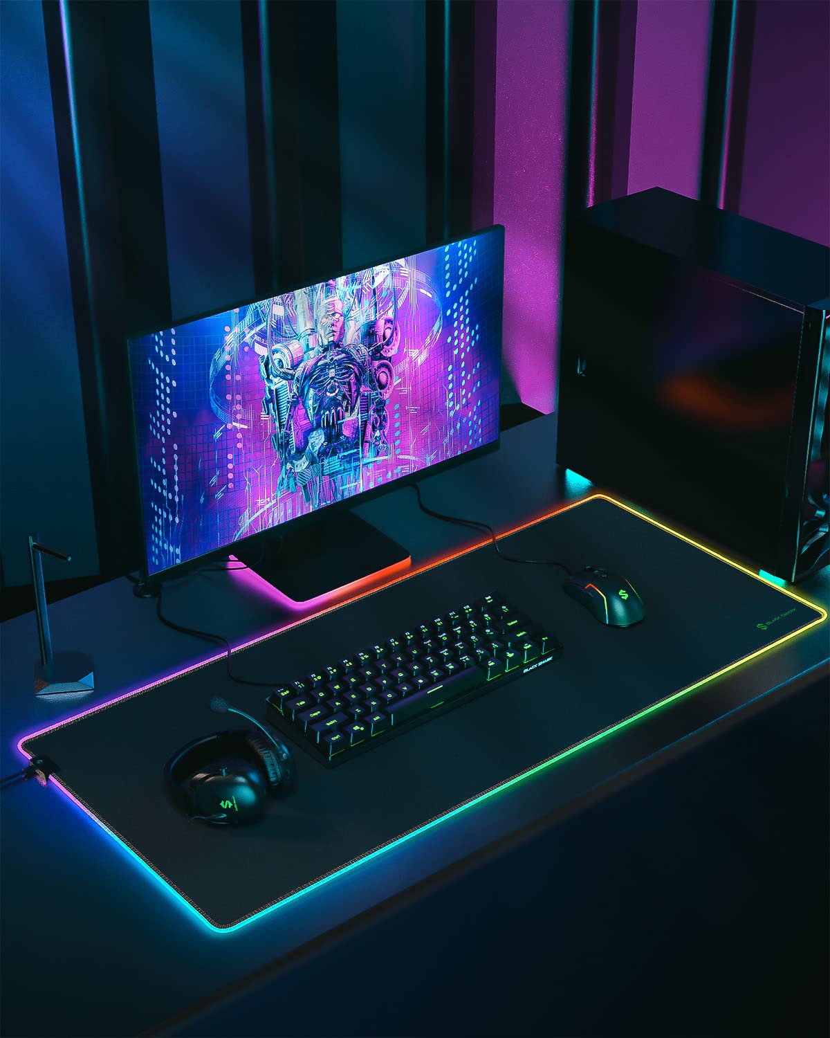 Black Shark Tappetino per mouse da gaming, XXL, 900 x 400 mm, 11 modalità di illuminazione a LED, superficie in microfibra, fondo in gomma antiscivolo, tappetino per mouse decorativo Manta P7
