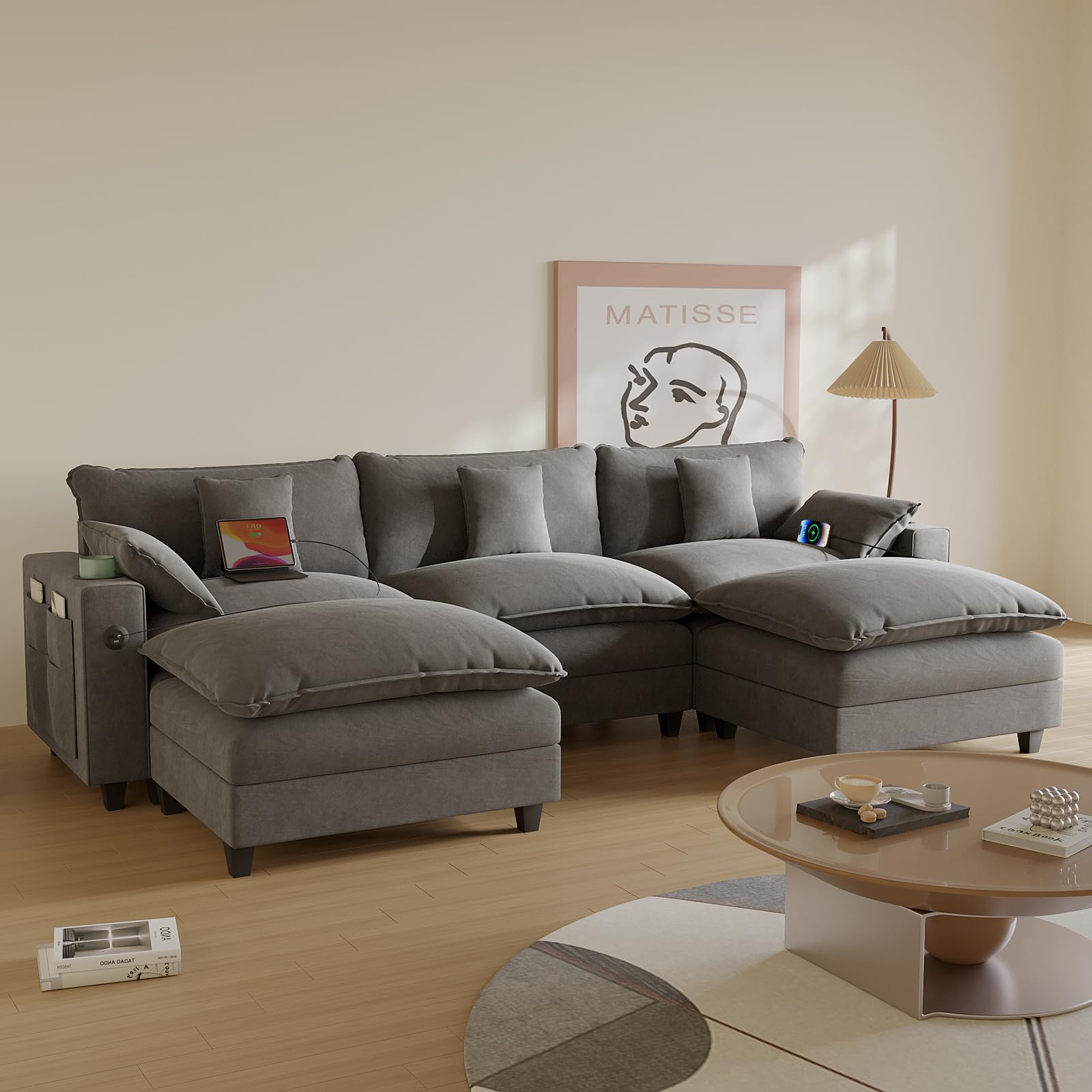 Modular Sectional Sofa, Cloud Couch with Ottoman, Charging Station, Throw Pillows, Cup Holders, Modern Convertible U Shaped Couches for Living Room, Bedroom and Apartment (Grey, 116"- U Shape)