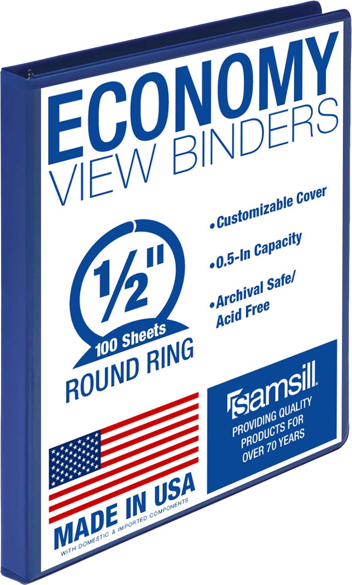 Samsill Economy 0.5 Inch 3 Ring Binder, Round Ring Binder, Customizable Clear View Cover, Blue