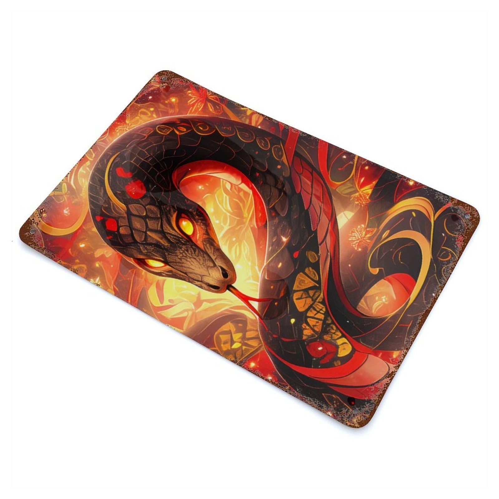 Year of The Snake - Fiery Serpent Weathered Tin Sign 11.8"x7.9", Rustic Home Decor for Garage, Bar And Workshop Decor