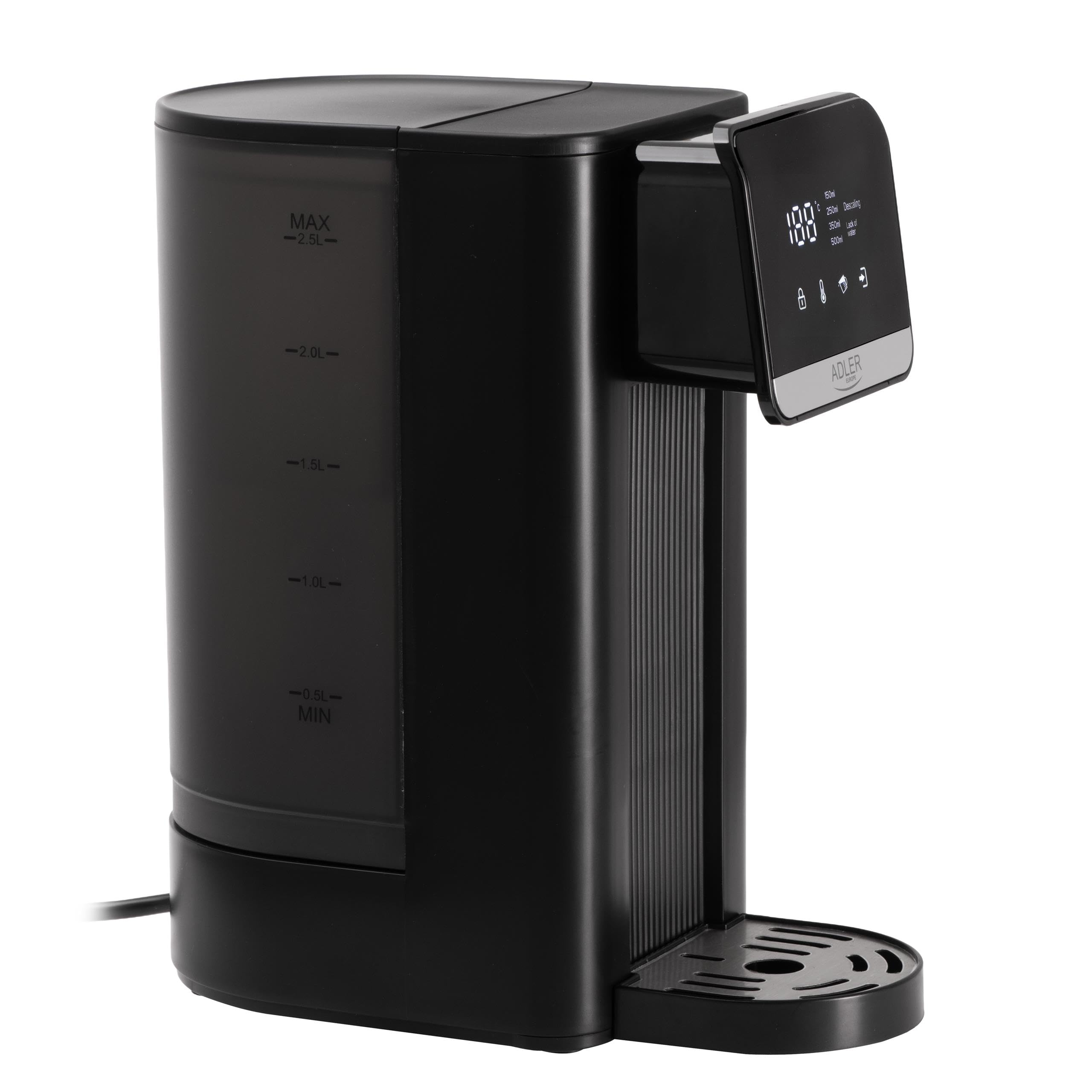 ADLER EUROPE Dystrybutor do gorącej wody, dozownik do przefiltrowanej gorącej wody, filtr do wody, max 2,5L, min 0,5L, 2600W, 8 temperatur, gorąca woda w kilka sekund, energooszczędny, LCD