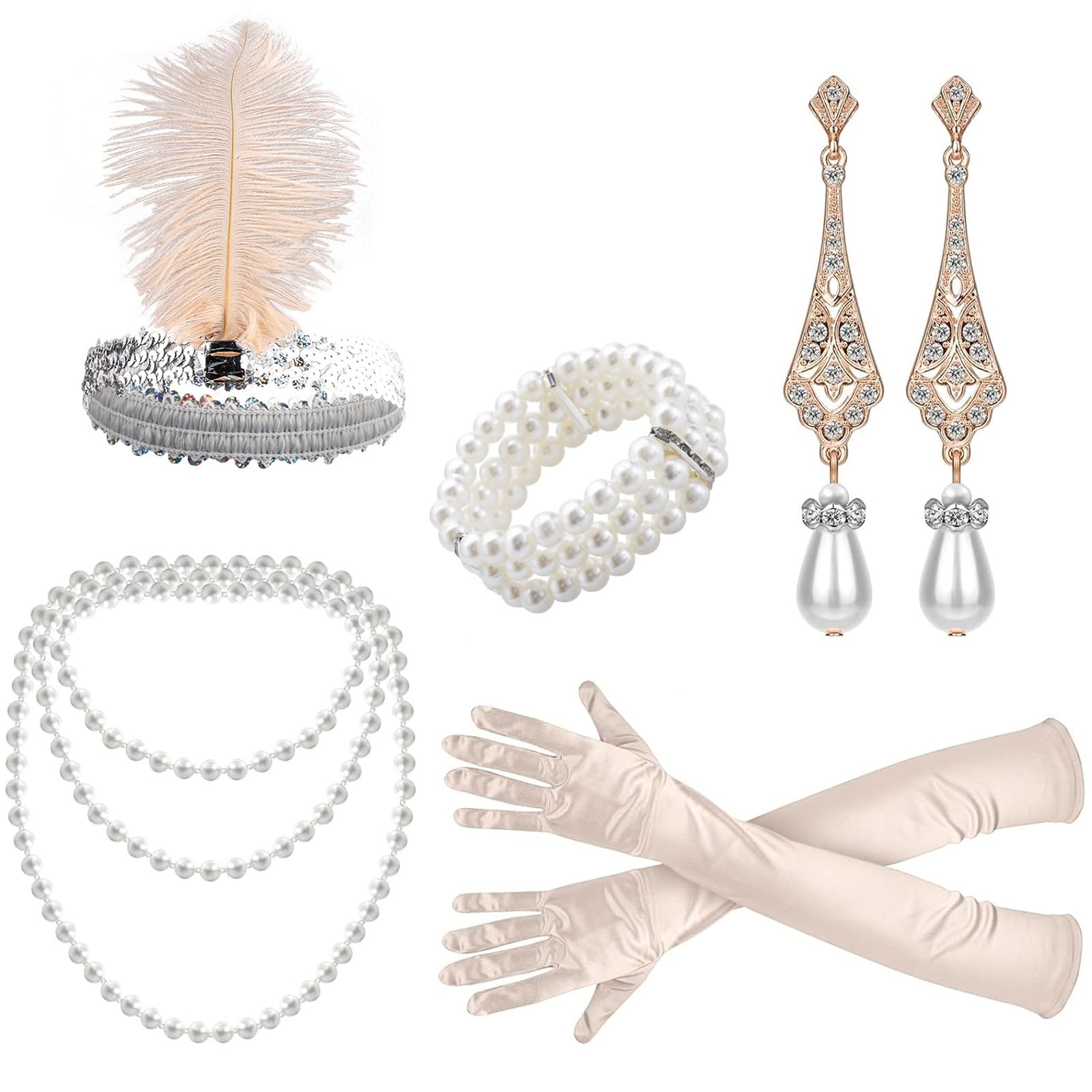 5 Pieces 1920s accessories for women, 1920 Accessories Set, Great Gatsby Accessories Women, 1920s Fashion Flapper Headband, Roaring 20's Theme Flapper Costume Gatsby Accessories Set