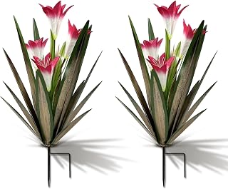 Homight Hand-Painted Metal Agave Lily Plant Statue - Rustic 16" Outdoor Garden Yard Art with Big Red Lilies, Waterproof Lawn Ornament