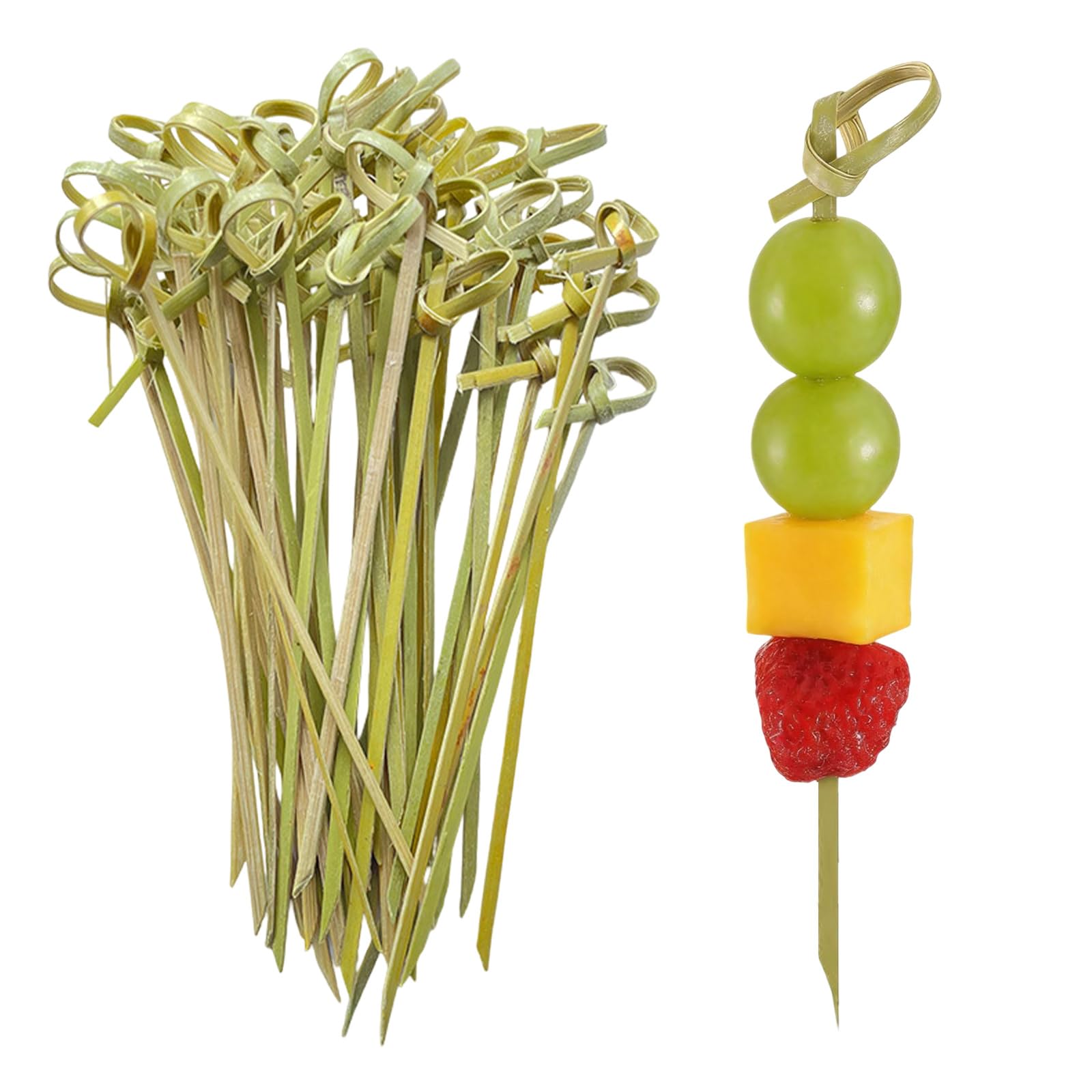100 Pcs Cocktail Picks, 4.7 Inch Bamboo Skewers for Appetizers, 12cm Mini Natural Food Pick for Drinks, Desserts, Wedding, Party Fancy Toothpicks, Green Knot Decorative Charcuterie Board Supplies
