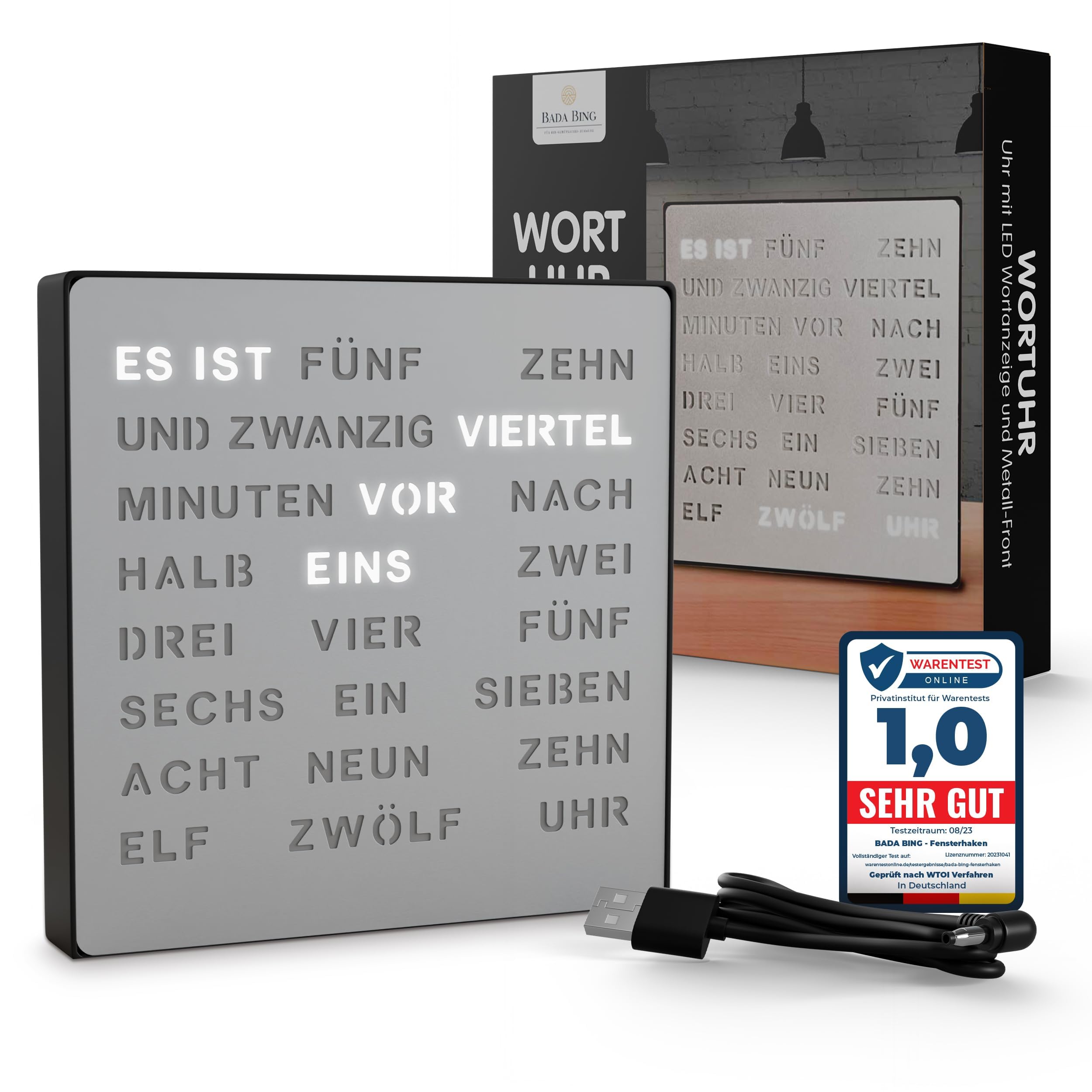 Bada Bing LED Wortuhr Silber mit Deutscher Wort Anzeige - edle Metall Uhr mit USB Kabel Wanduhr modern - Tischuhr hochwertig lautlos zum Aufstellen/Aufhängen - Deko Geschenk Männer Geburtstag Büro