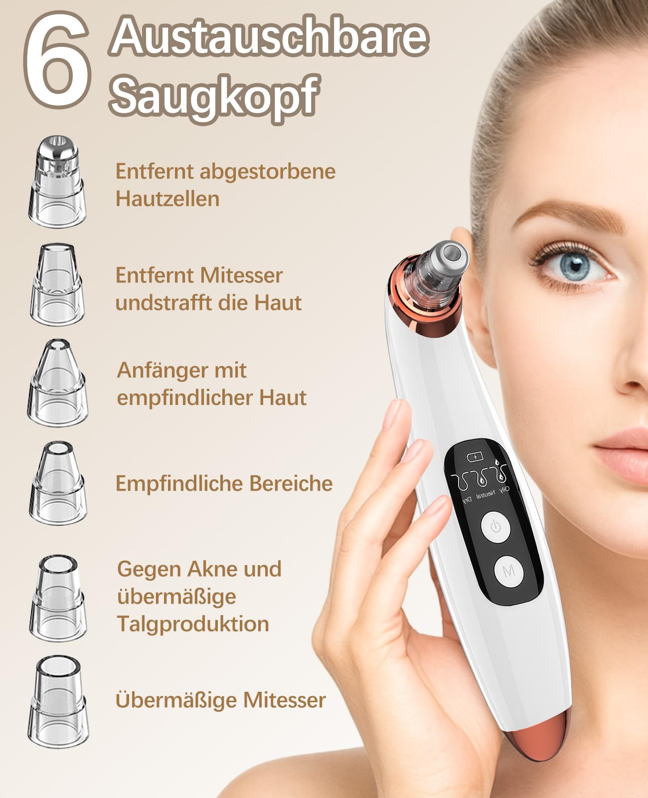 Mitesserentferner Porensauger Porenreiniger Gesicht Elektrisch mit 3 Saugstufen 6 Köpfen, LCD Display, Vakuumsauger zur Gesichtsreinigung, Schonend, USB Wiederaufladbar, Eisweiß