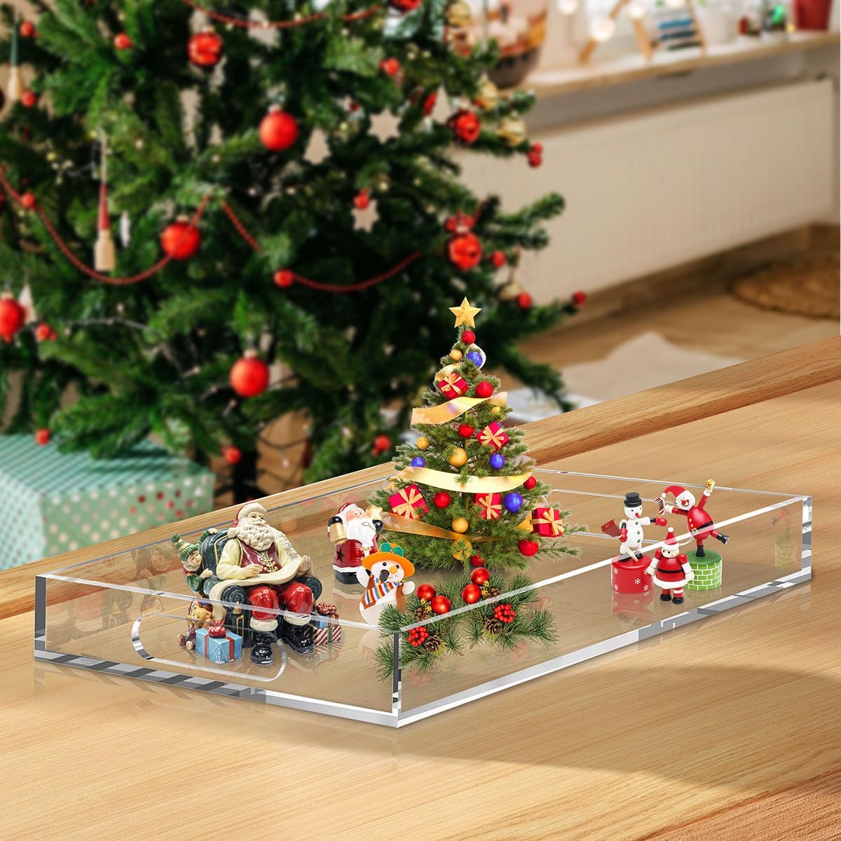 Large Acrylic Tray Serving Platter with Handles12x21x2.4Inch-Crystal Food Serving Trays for Party-Deep Comercial Display Tray for Buffet Parties, Weddings