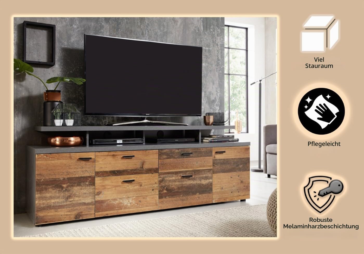 trendteam smart living - Mood - TV-Schrank - Matera/Alteiche - TV-Lowboard mit 4 Fächern und 2 Schubladen - (BxHxT) 180 x 66 x 47 cm - Kabeldurchführung - Kratzfest