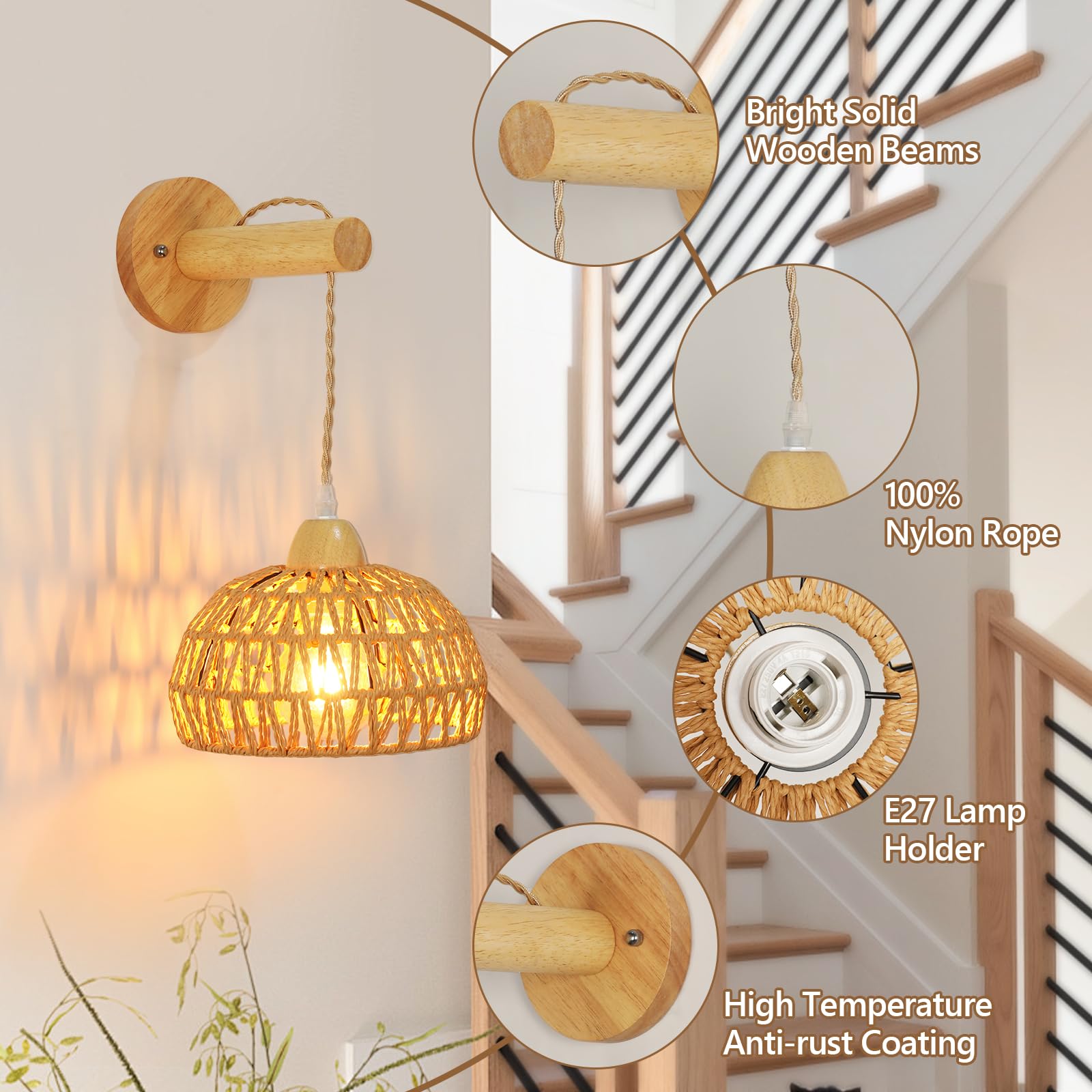 Applique Murale Bois Intérieur Vintage, E27 Lampes Murale Boho avec Abat-jour en Rotin, Bois Cage Applique Rotin Luminaire Murale E27 pour Salon Chambre Couloir Salle à Manger (Sans Ampoule)