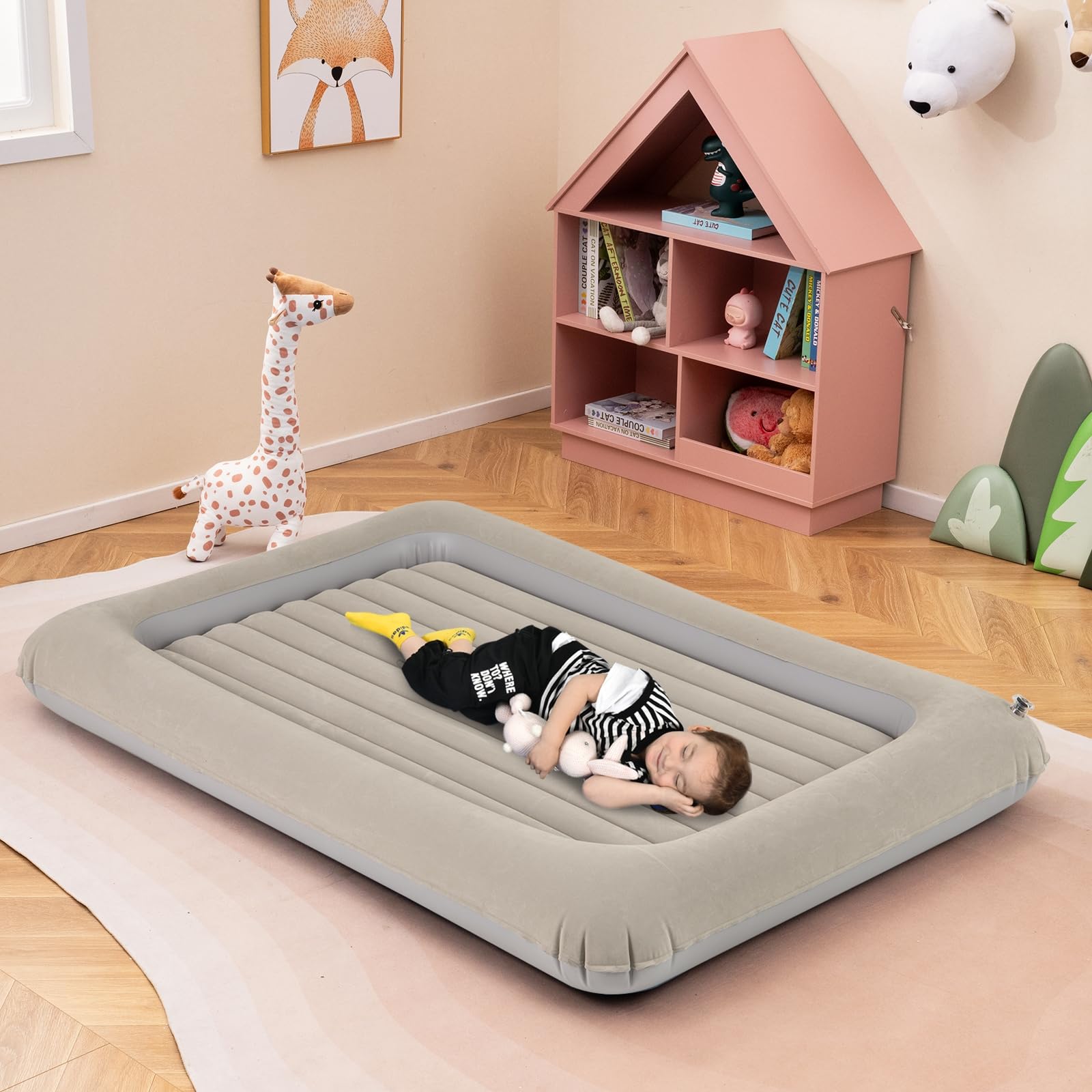 LIFEZEAL Materassino Gonfiabile per Bambini, Materasso Floccato, Lettino, Portabile, Parco di Gioco, Staccabile, con Tasca, Pompa Elettrica, Kit di Riparazione, Max 150 kg, 165x118x20 cm (grigio)