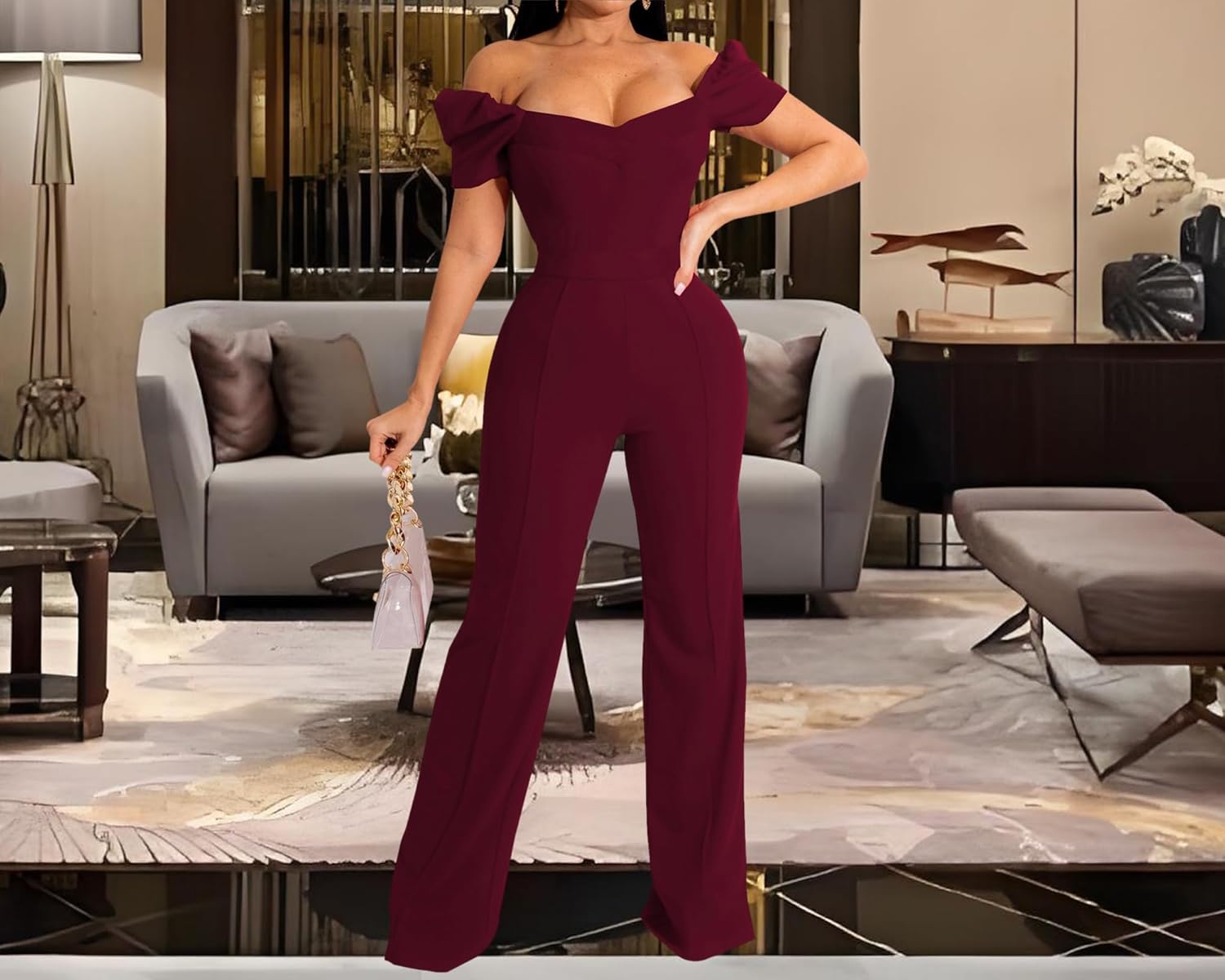 Women's Elegant Sexy Off Shoulder Short Sleeve Wide Leg Pants Long Pant Onesie Clubwear Party Dressy Jumpsuits - Image 4