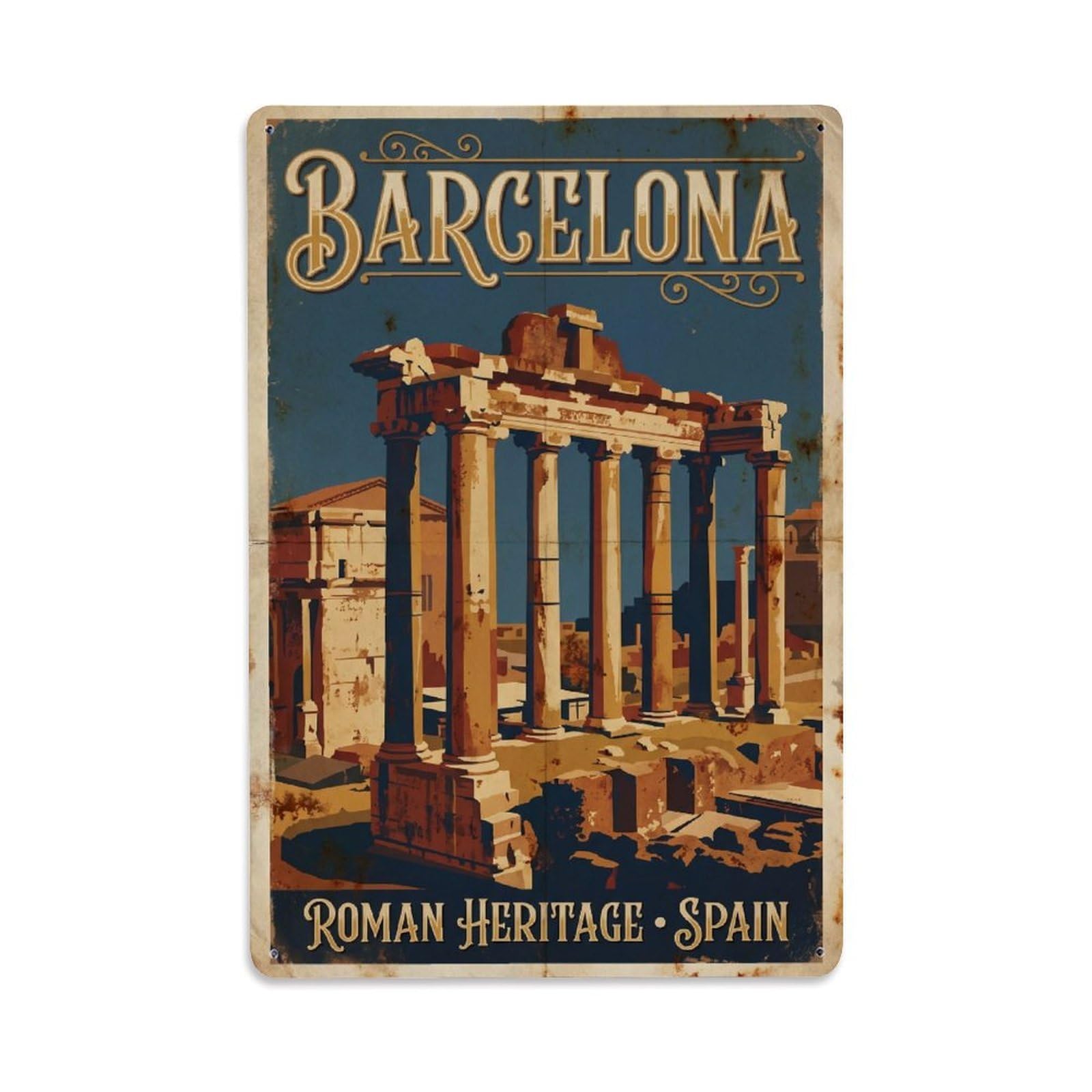 Okngb Style Retro Roman Columns Barcelona Catalonia Landmark Gothic Metal Tin Sign Plaque Wall Decor For Cafe, Man Cave, Club Bar, Office, Home Garden Round Metal Poster 8X12inch