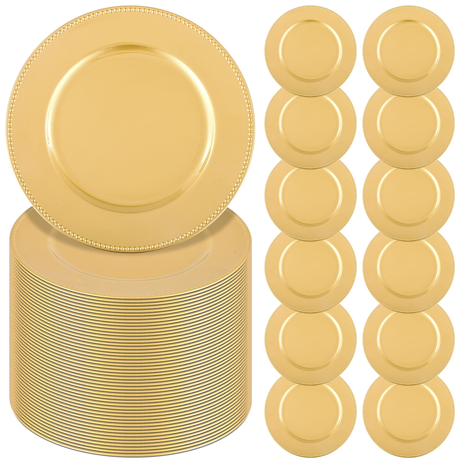 YMHPRIDE 60 Pack Gold Plastic Reusable Dinner Charger Plates, 13'' Round Beaded Chargers Plates Vintage Table Decoration for Elegant Dining - Ideal for Weddings and Formal Events