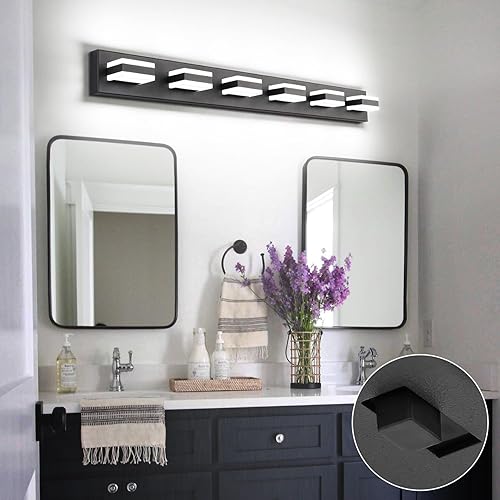 Miniatura 23 de SOLFART Luces de tocador de baño negras regulables LED modernas sobre el espejo, iluminación de baño negra para la pared del baño S8568 (5 luces)
