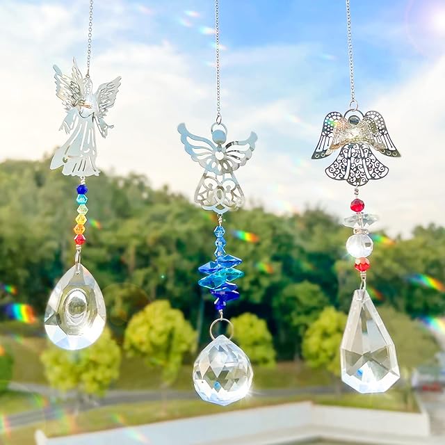 3 Pieces Crystal Suncatchers - Angel Sun Catchers for Windows, Glass Heart Prism Sun Catcher with Chain Pendant Hanging Decor for Lamps Light Home Window Garden Curtain Office Car Decoration