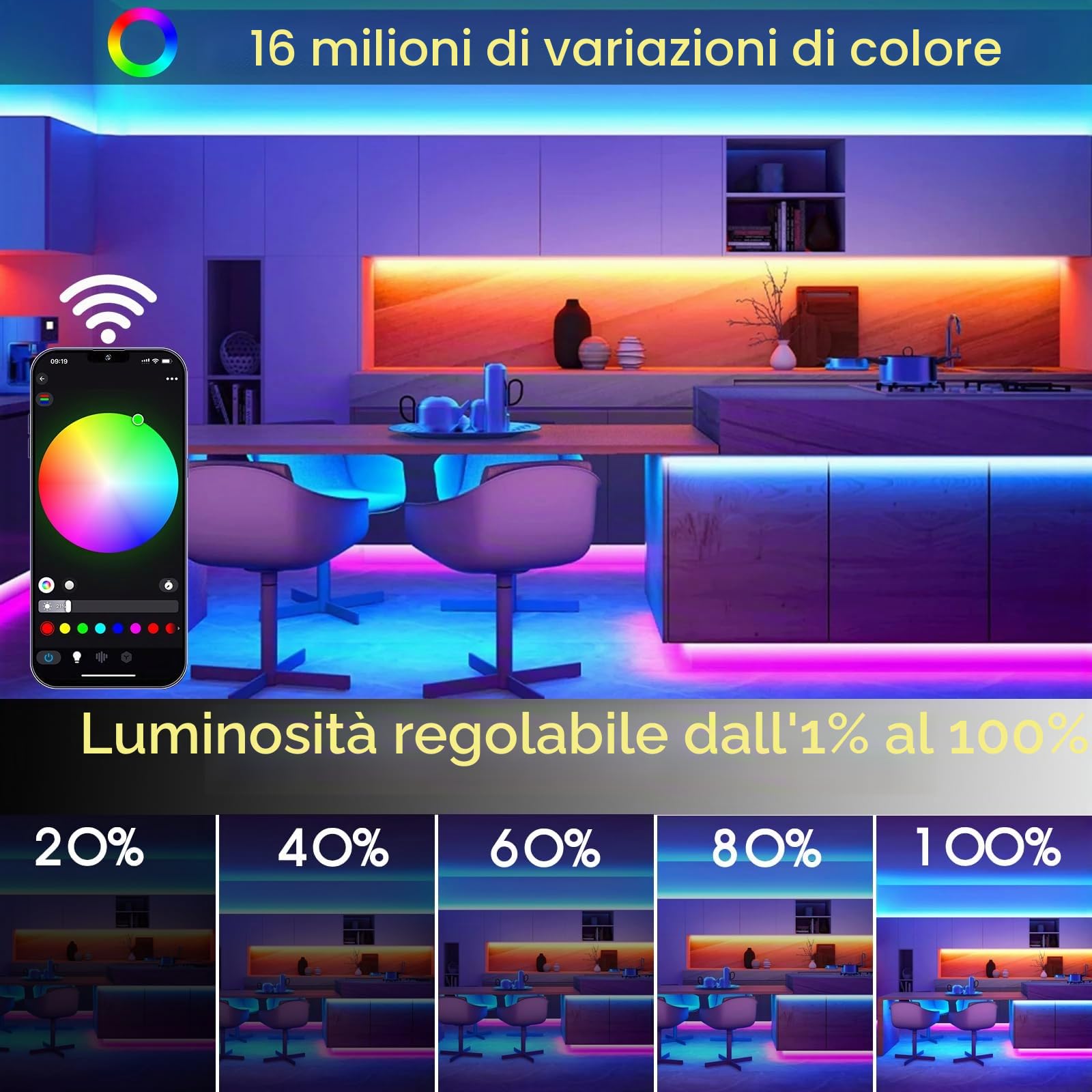 Nastro Led Cob RGBW 10 m, striscia Led RGBW WiFi 24 V 8A con APP e telecomando, fascia Led 672 LED/metro per decorazione domestica, compatibile con Alexa/Google Home