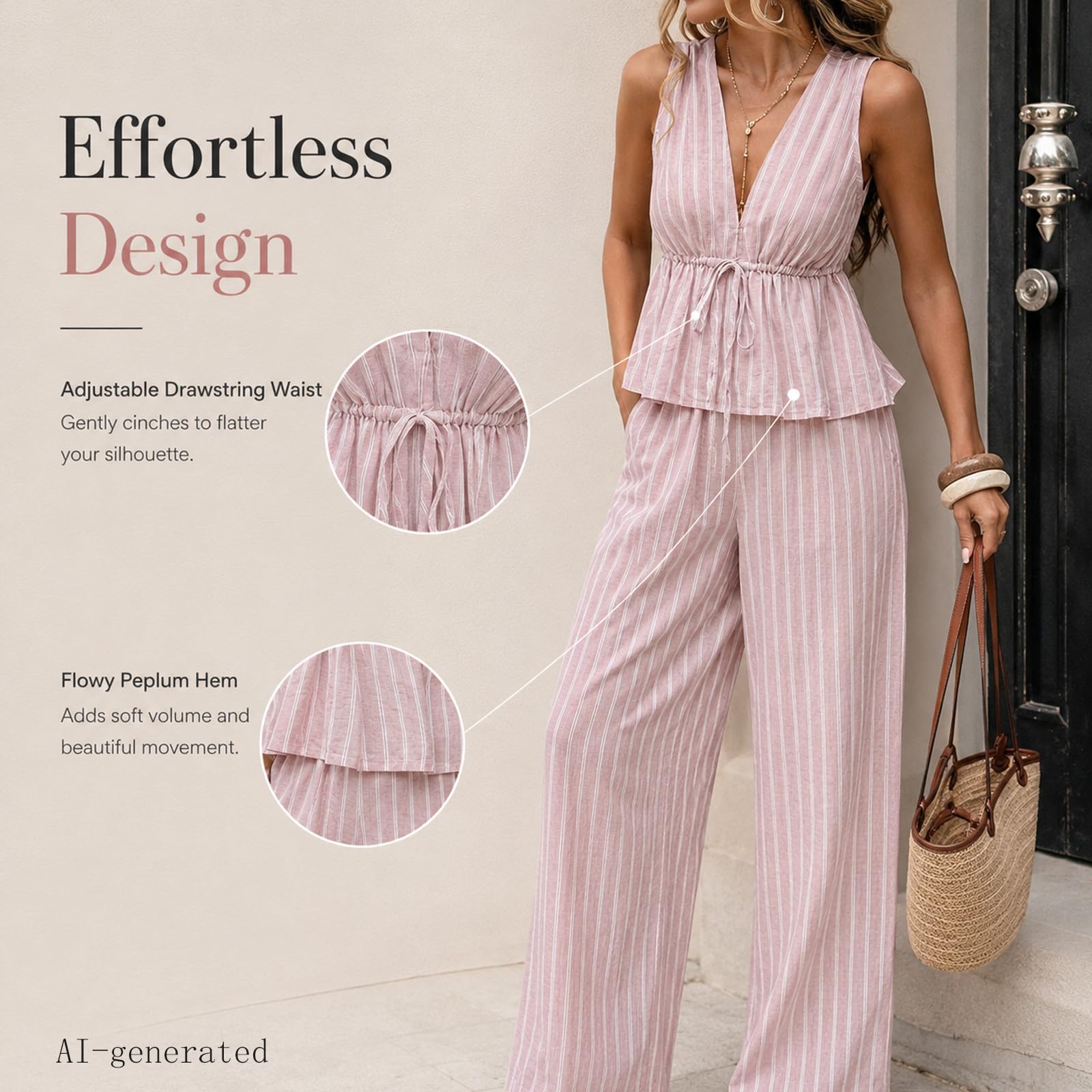 Women's 2 Piece Outfit Striped V Neck Sleeveless Cinched Peplum Tank Top Wide Leg Pants Summer Casual Travel Vacation Set