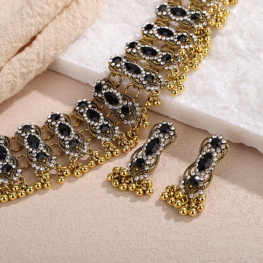 Octwine Vintage Indian Green Rhinestones Choker Necklace Teardrop Dangle Earrings Set Bridal Wedding Red Silver Tassels Rhinestone Crystal Bride Statement Necklace Earrings Set for Women - Image 3