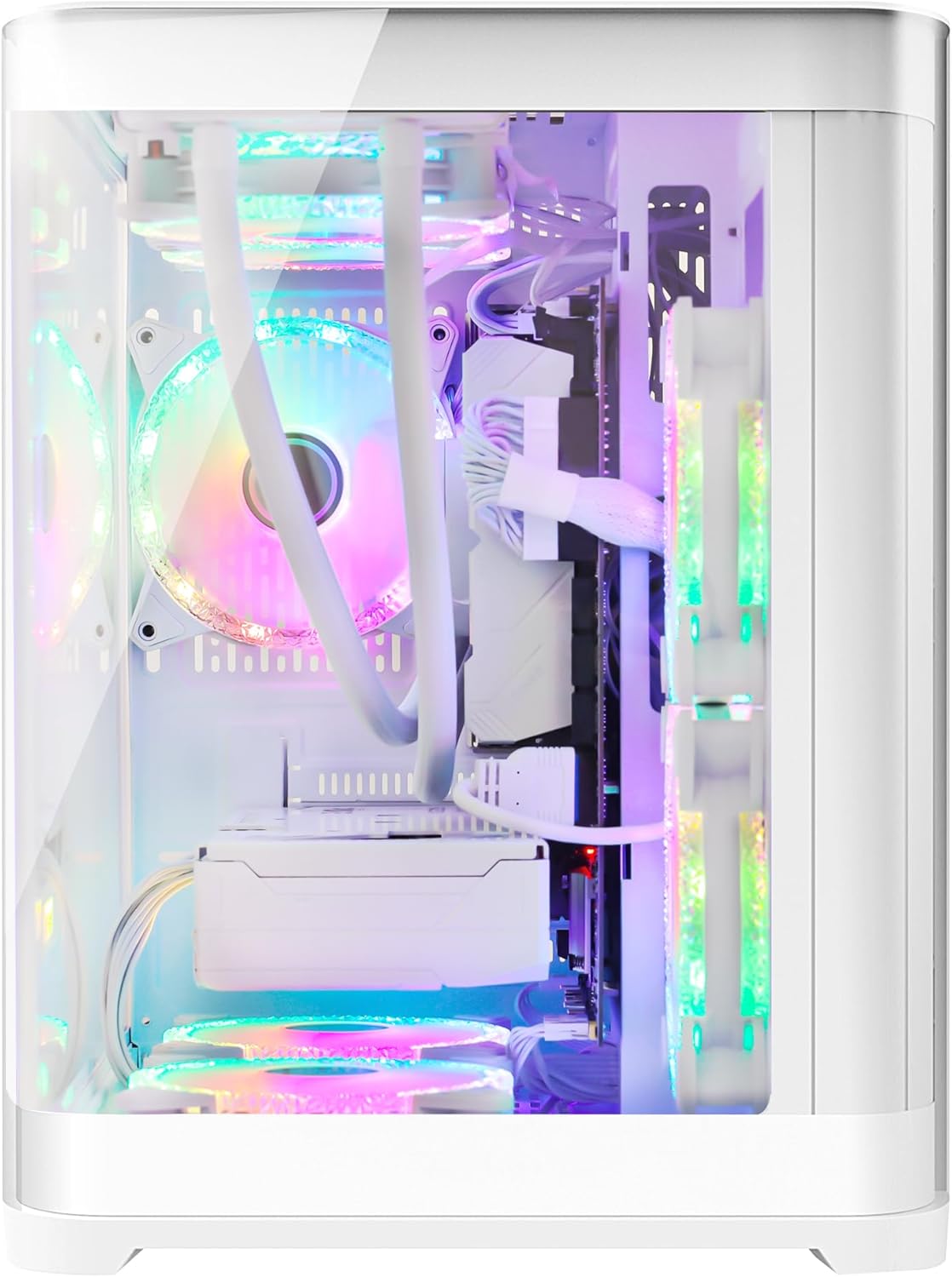 Poseidon Pre Built Gaming PC Desktop, 32GB DDR5, AMD Ryzen 5 9600X, RX 9060XT 16GB, 1TB PCIe SSD, 650W PSU, Water Cooling & 7 ARGB Fans, High-end Tower Computer for Gamer, Home and Office- White