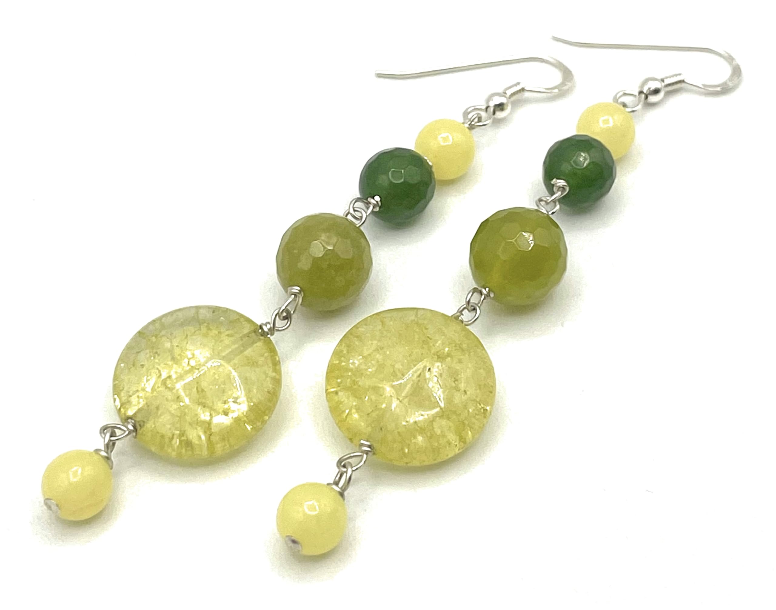 Orecchini Lunghi con Quarzo Giallo e Giada Verde, Pendenti in Argento 925, Gioielli Pietre Dure Naturali, Regalo per Lei, Bijoux Boho