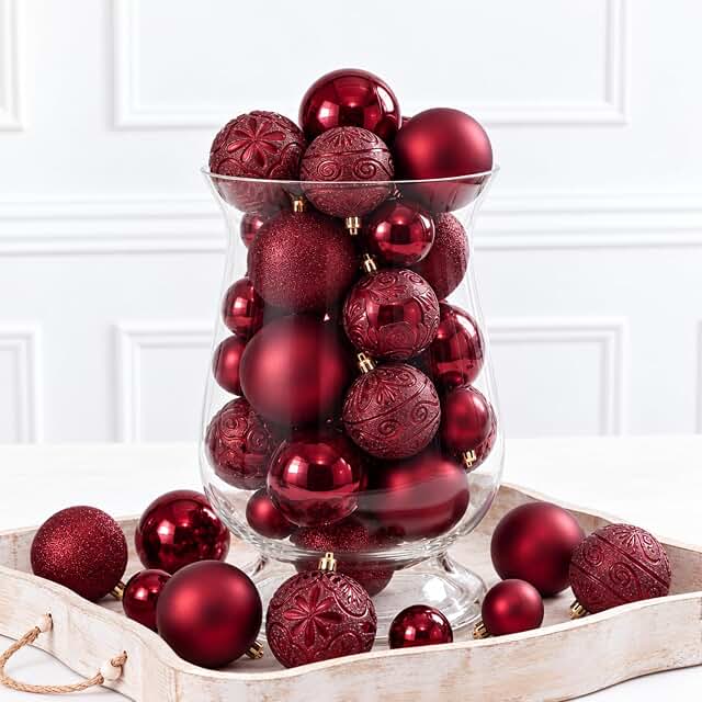 100 Pcs Burgundy Christmas Ball Ornaments for Tree, 6 Styles in 4 Sizes ...