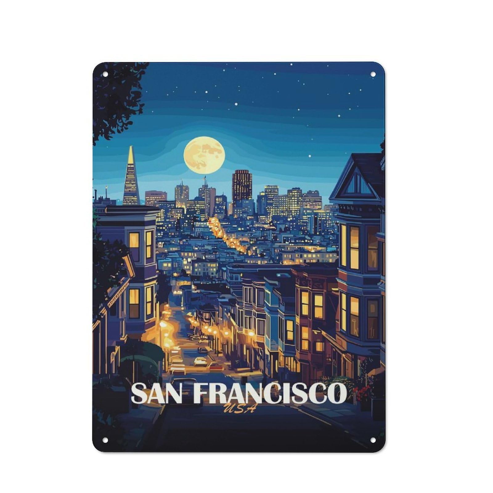 Junmoney San Francisco Cityscape At Night Metal Wall Sign 40X30cm Featuring For Café Or Restaurant, For Vintage Wall Decor Fans, For Metal Sign Collectors