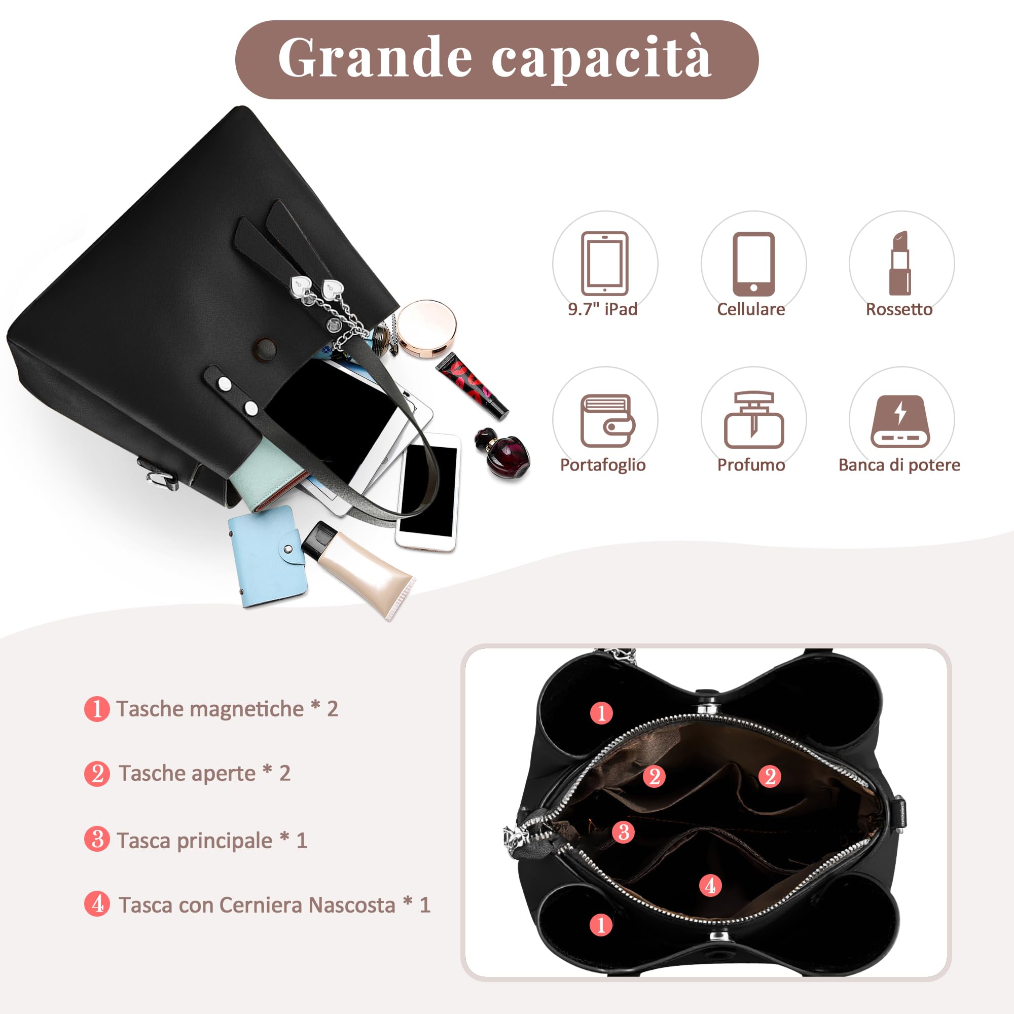 Borsa Donna in PU Pelle, Borsa a Mano Elegante con Tracolla Regolabile e Rimovibile, Shopper Capiente per Lavoro, Shopping, Viaggio e Uso Quotidiano Nero
