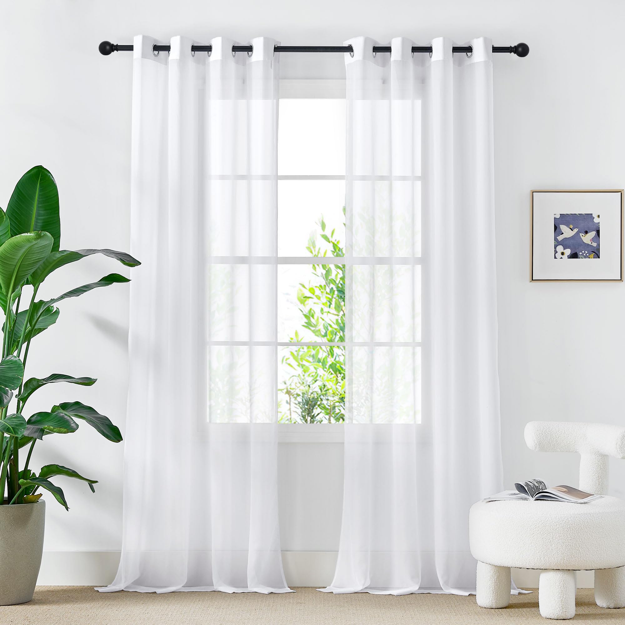 PONY DANCE White Voile Curtains 90 Drop Pair, Semi Transparent Window Net Curtains for Bedroom/Living Room/Patio Door