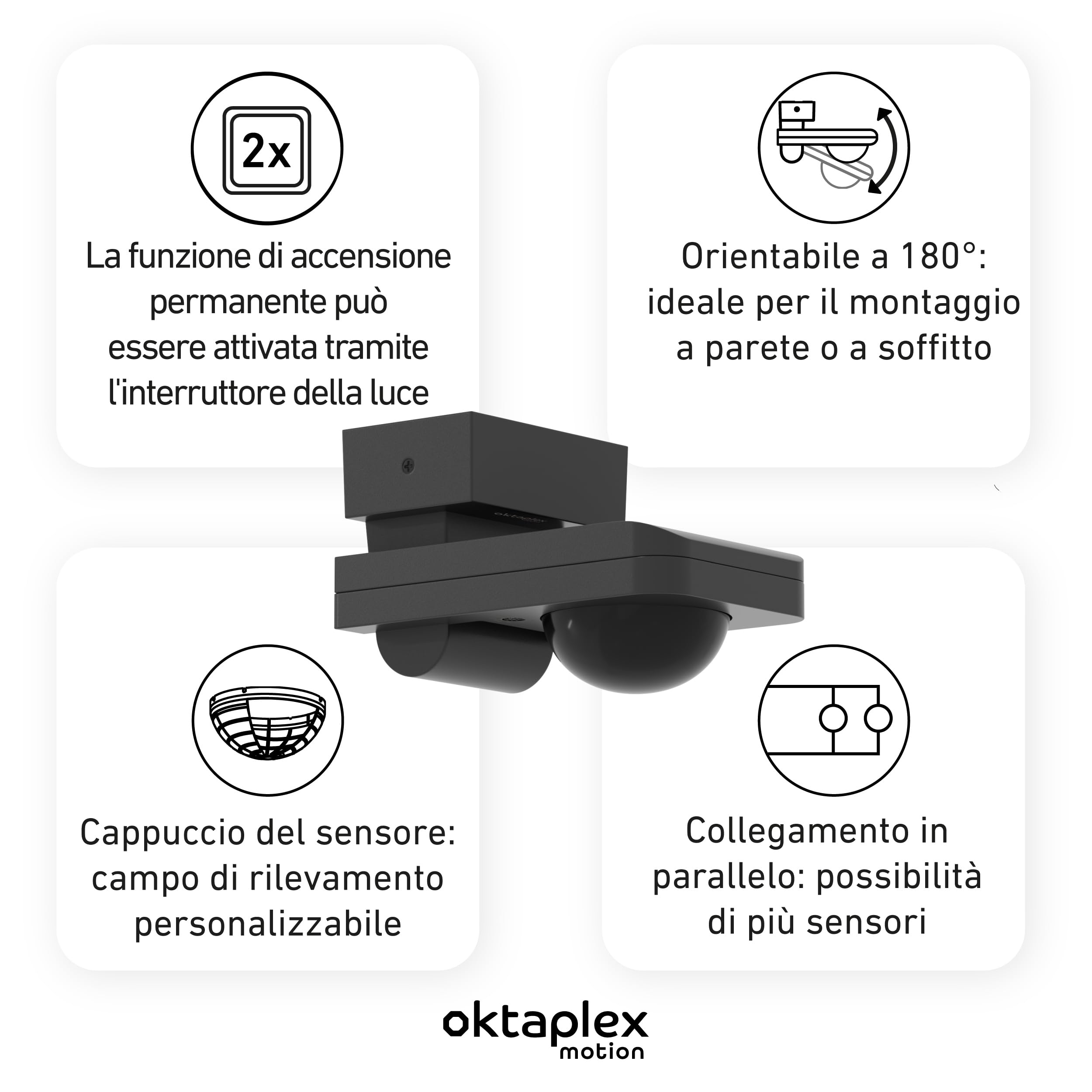 Oktaplex Tea set da 2 sensori di movimento per esterni antracite 9 m | Sensore di movimento da superficie orientabile 360 ​​gradi 9 m IP65 230 V per soffitto e parete