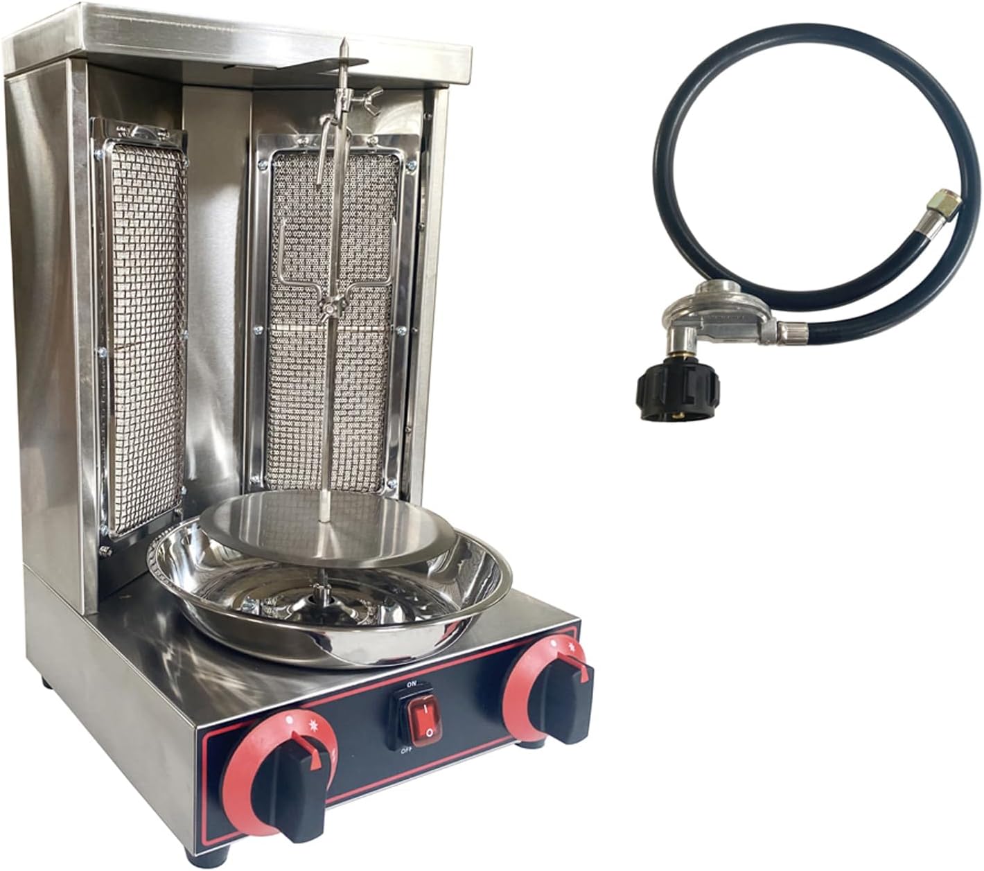 LP Gas Shawarma Gyro Grill 2 Burners Commercial Stainless Steel Vertical Broiler Kebab Machine Adjustable Temperature with Meat Catch Pan and Rotating Doner for Home Restaurant Kitchen