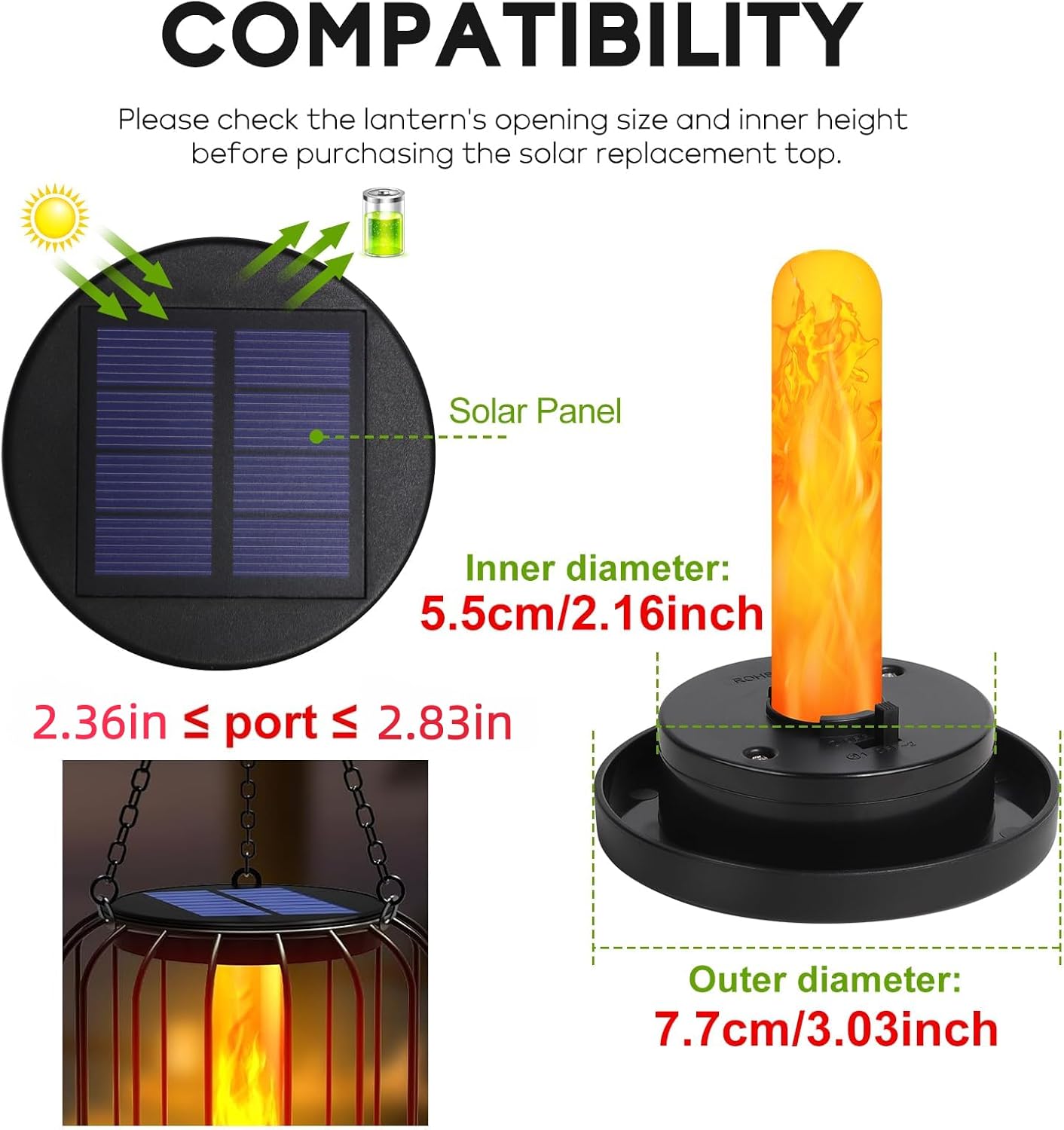 Flickering Flame Solar Replacement Tops: 2.83 in Replacement Light Parts for 2.36 in, 2.42 in, 2.5 in, 2.76 in, 2.83 in Lantern Port- Waterproof Lid Cap with for Old Lantern Torch Light Firebowl Jars