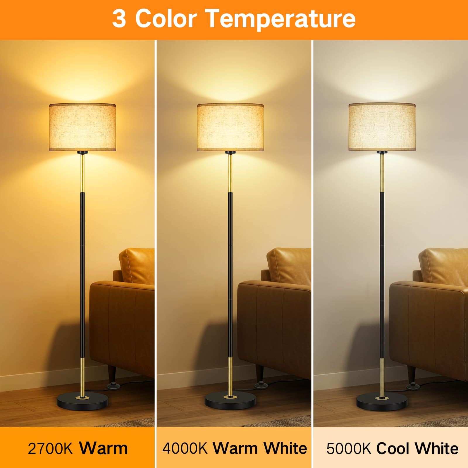 OUTON Lampa Podłogowa do Salonu 3 Temperatury Barwowe, Lampa Stojąca LED z Żarówką E27 i Przełącznikiem Nożnym, Nowoczesny Design Lampa do Czytania z Lnianym Abażurem do Sypialni, Biura(Czarno-Złota)