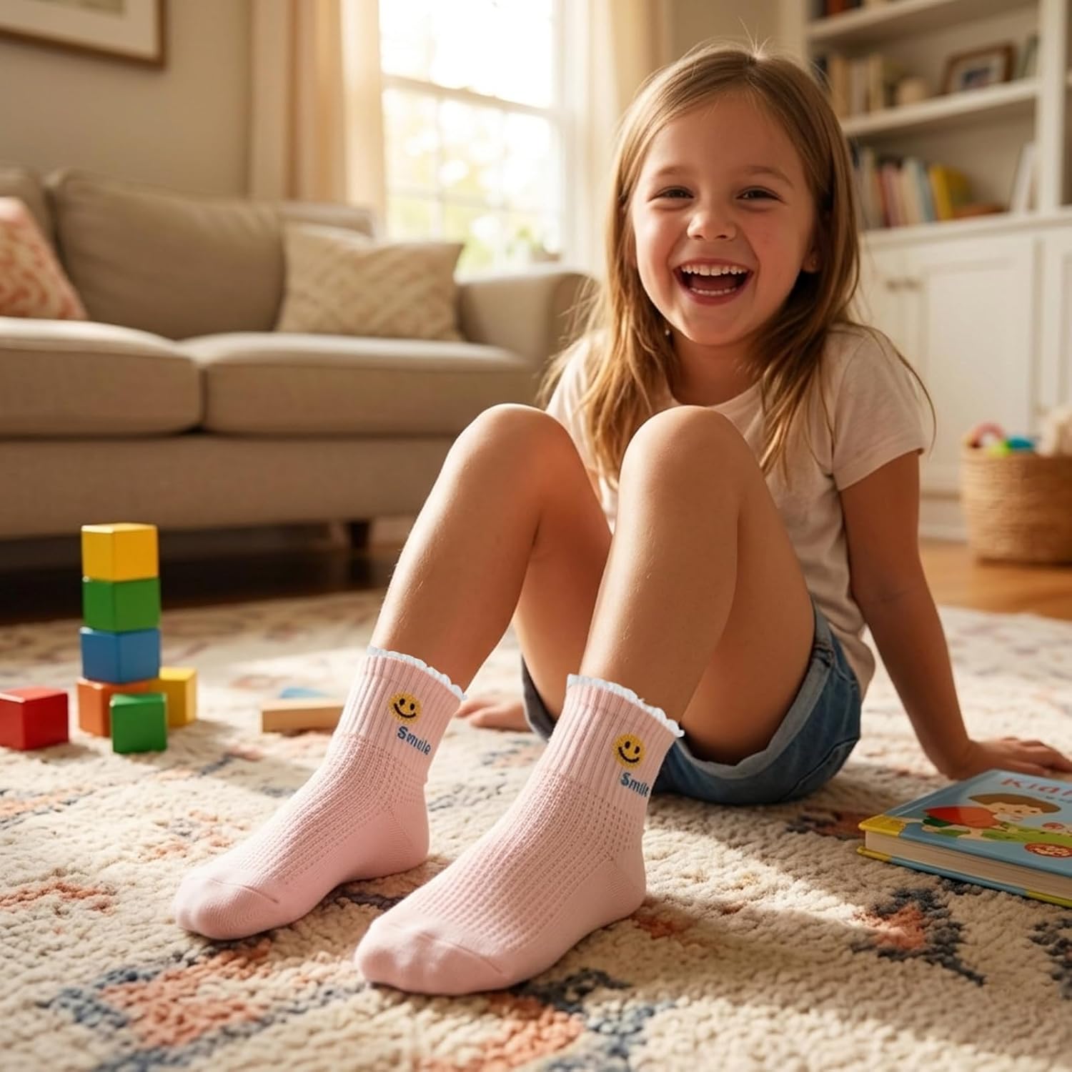 Girls' Cute Smile Embroidered Ankle Socks, Pink and White Striped, 5 Pairs