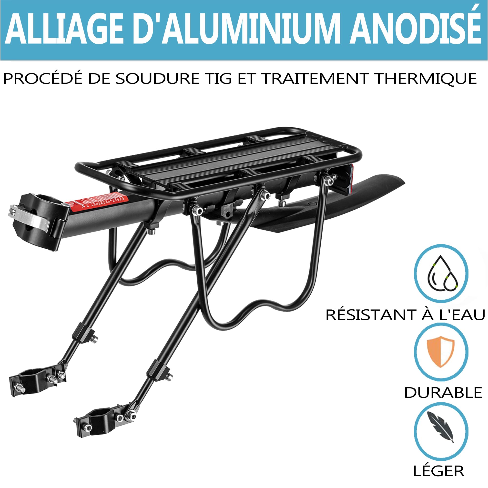 Porte Bagage vélo arrière, Porte Bagage VTT réglable avec Grand réflecteur et Garde-Boue, Libération Rapide, Alliage d’Aluminium, Charge 50 kg pour Cyclisme et randonnées