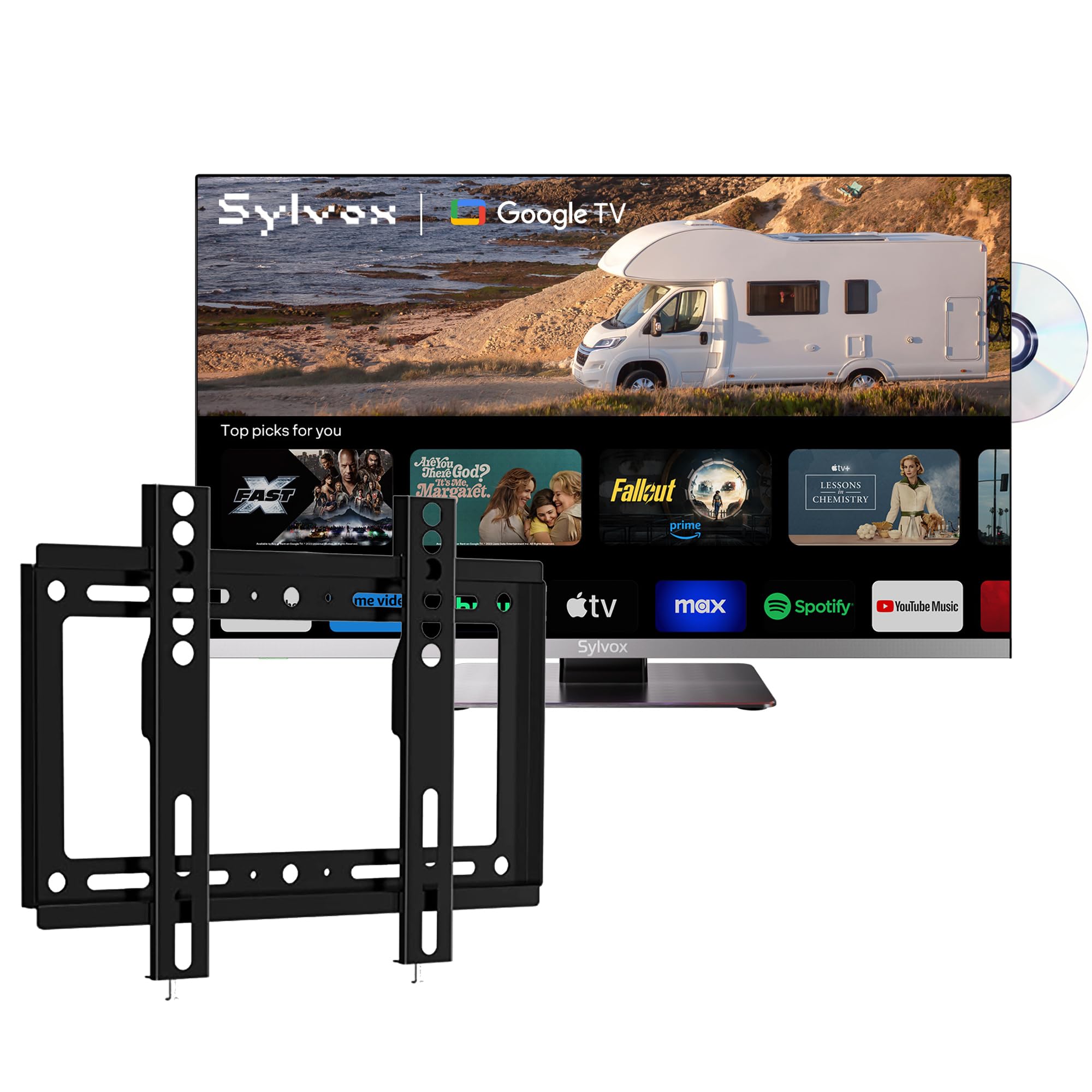 SYLVOX 22" Wohnmobil Fernseher mit DVD-Player, 12V Smart TV 1080P Full HD, Google TV, Rahmenloser DC/AC Powered Television mit WiFi, Bluetooth, HDMI, USB | Triple-Tuner für Wohnwagen, Camping & LKW