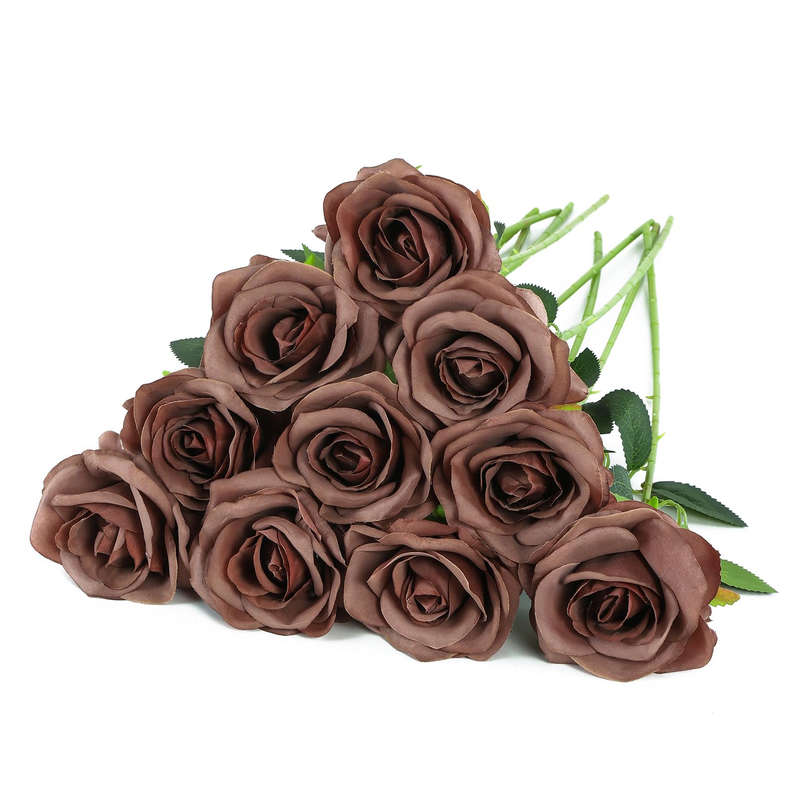 LEUCHTAMOR 10Pcs Artificial Roses Silk Roses Mocha Brown Fake Single Stem Realistic Roses Faux Flowers Bouquet for DIY Craft for Home Decorations Wedding Flowers Bouquet Garden Decor