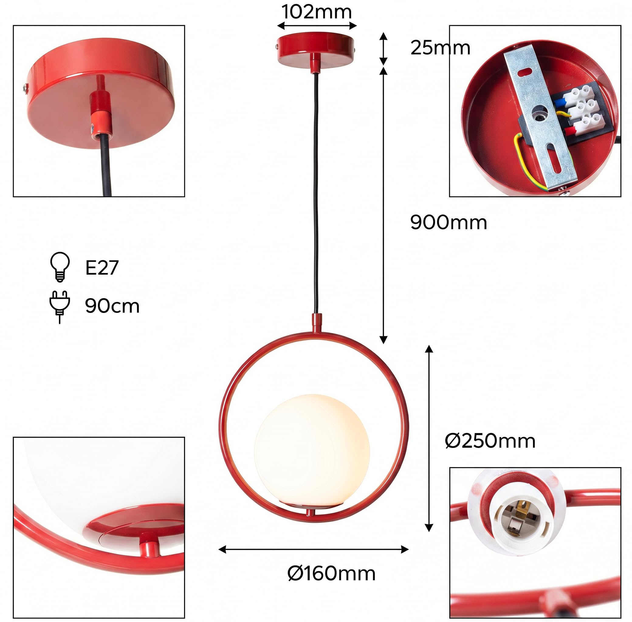 BARCELONA LED Lampada a Sospensione KATE Rossa E27, Sfera in Vetro Opalino, Lampadario Moderno a Sospensione, Design Minimalista per Soggiorno Sala da Pranzo Camera Cucina