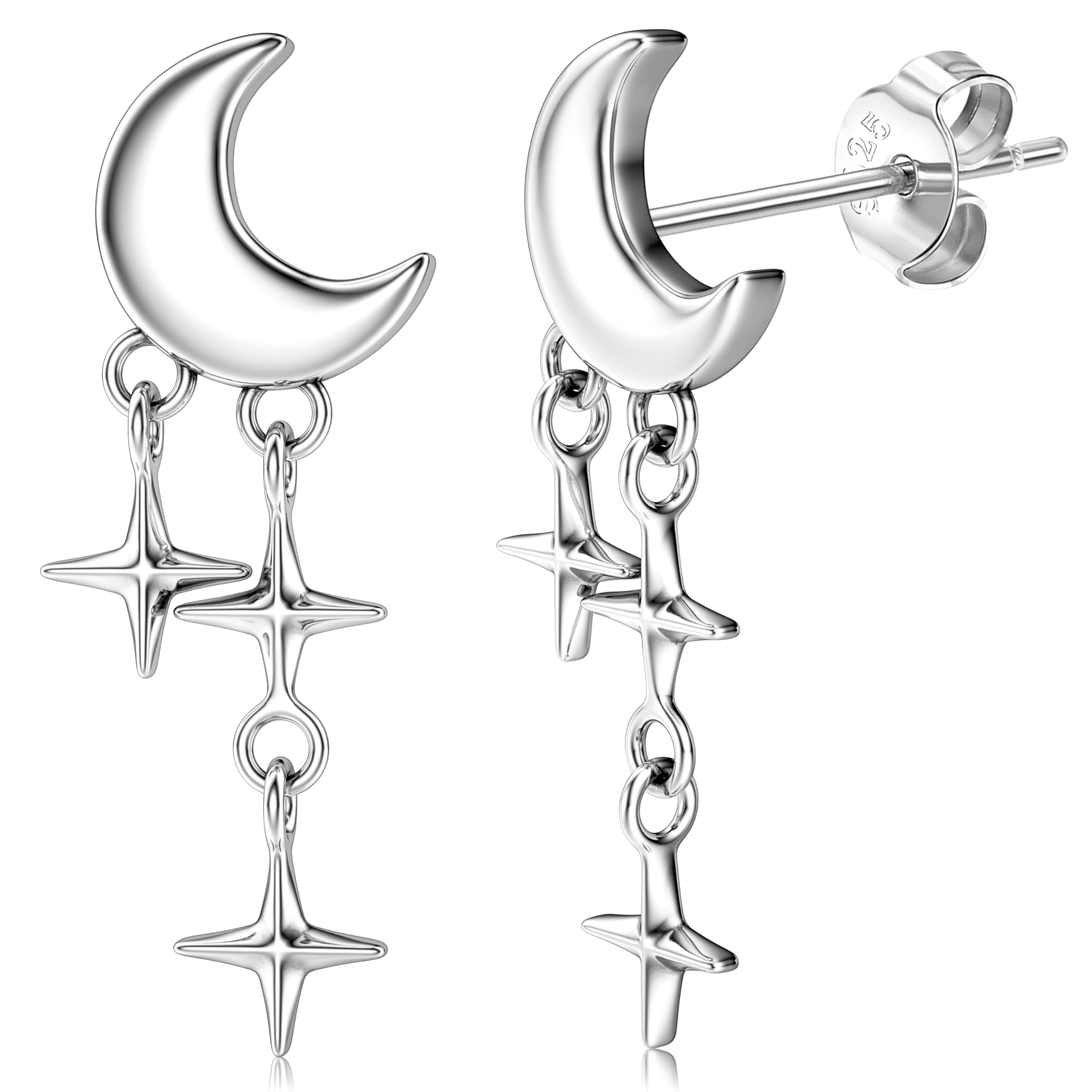 JeweBella Pequeñas Pendientes de Plata de Ley 925 para Mujer Niña Hipoalergenicos Pendientes Estrella Luna Pendientes Luna con Estrella Colgante Plata/Oro/Oro Rosa Regalos de Joyería