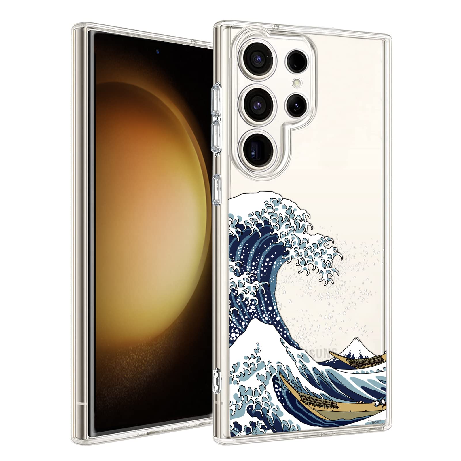 Unov Case Compatible with Galaxy S23 Ultra Case Clear with Design Soft TPU Shock Absorption Slim Embossed Pattern Protective 6.8 inch (Great Wave)