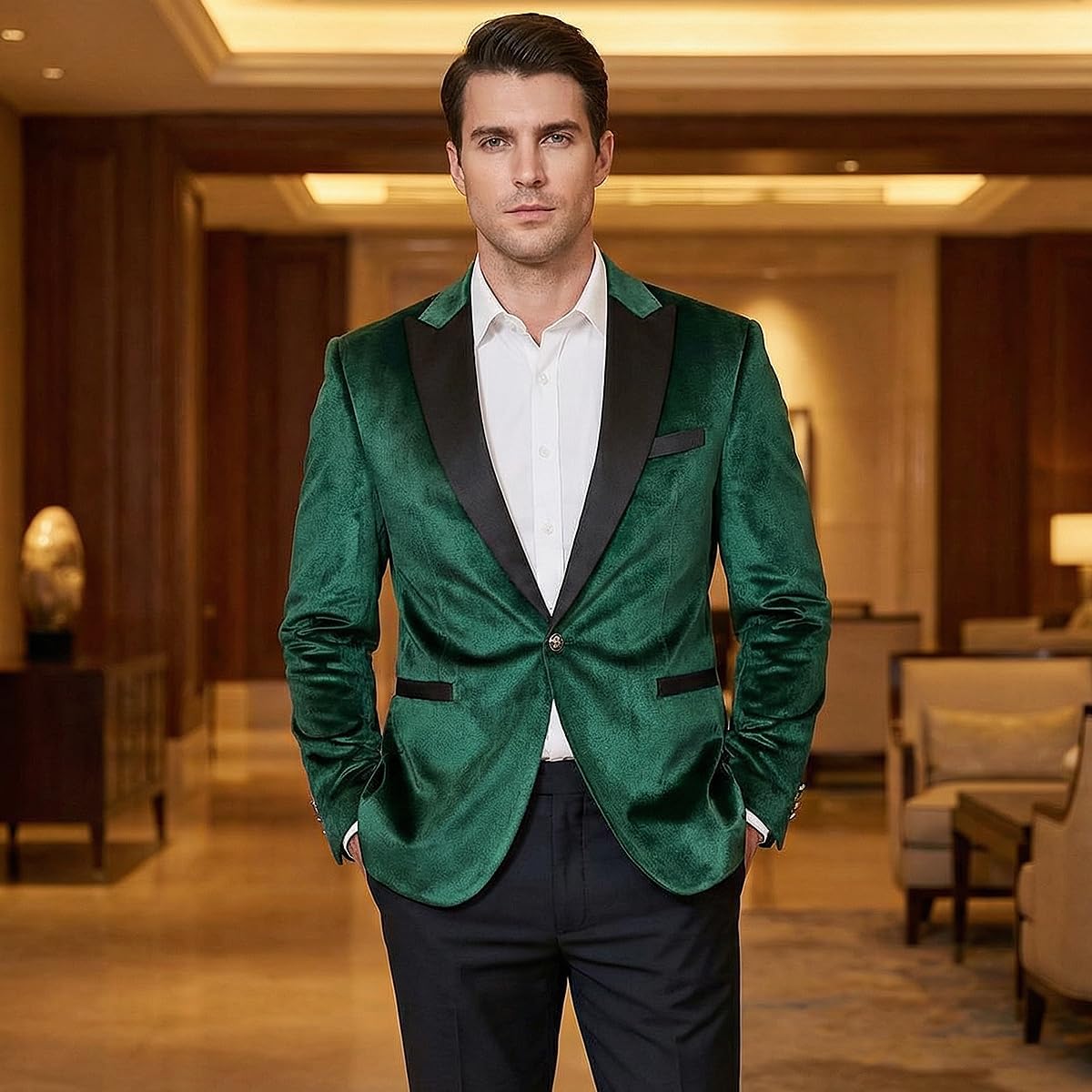 Men's Velvet Blazer One Button Casual Tuxedo for Men Blazer Lapel Prom Party Wedding Banquet - Image 2