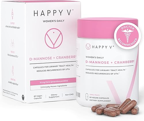 Happy V Dr. Formulado D-Mannosa con pastillas de arándano para mujeres Arándano para infecciones del tracto urinario y polvo de manosa D