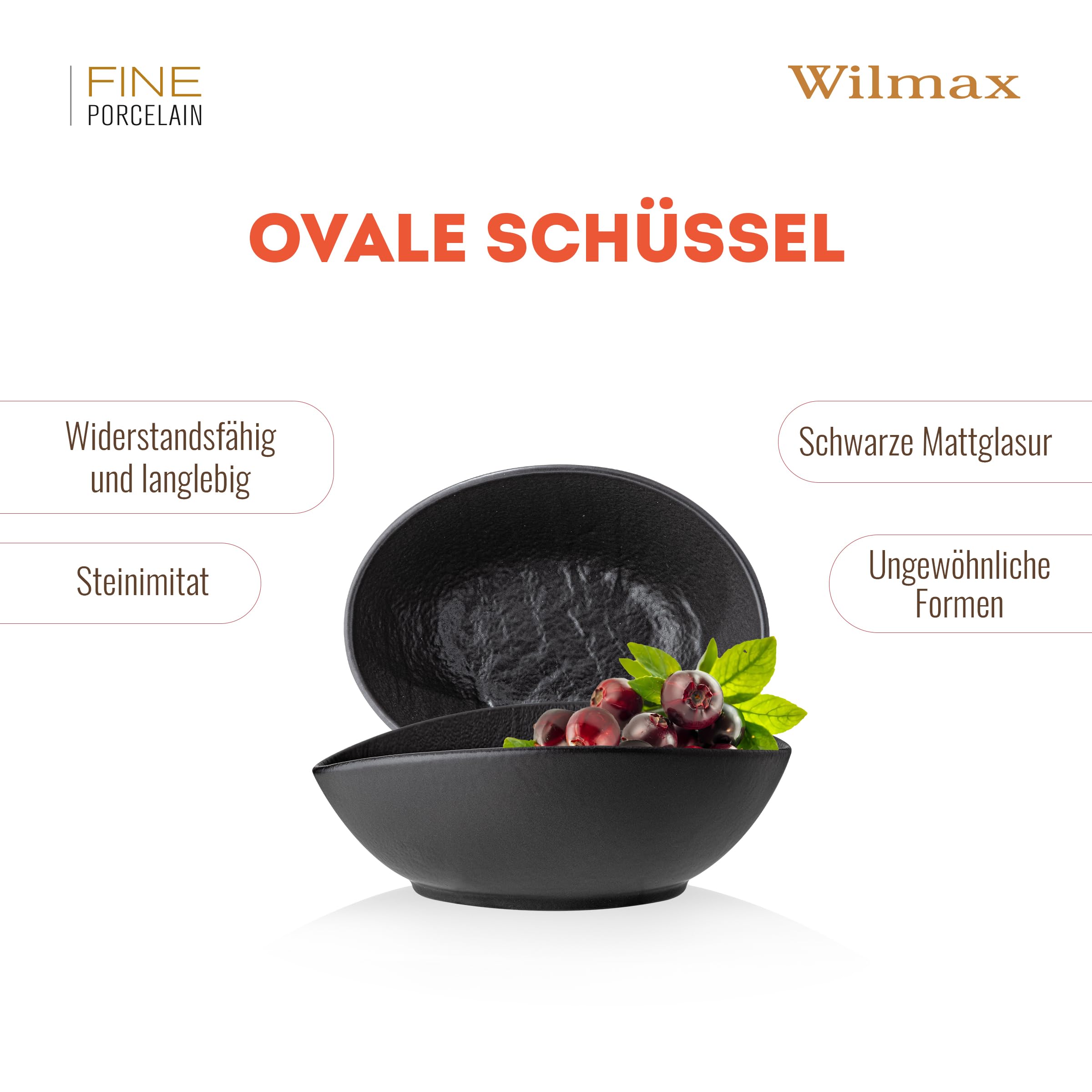 Wilmax | Schale - 6 Stück | Porzellan | Schwarz | Für eine Vielzahl von Gerichten | Backofengeeignet | Spülmaschinenfest | Natursteinimitat | Widerstandsfähig | Handglasiert | Ideal als Set
