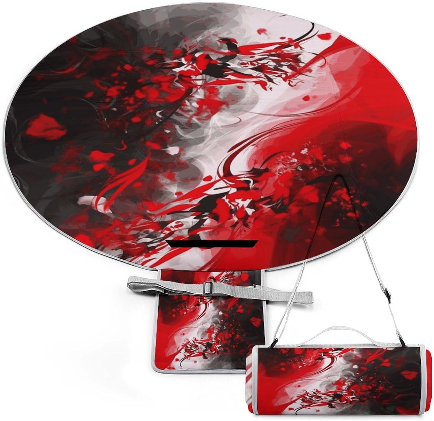 Red Black White Abstract 58.3 in Round Outdoor Rugs for Patio Decor And Outdoor Picnic.Beach Blankets- Sandproof Waterproof Foldable Beach Blanket.Travel Blanket for Camping, Park, Travel, Grass Use.