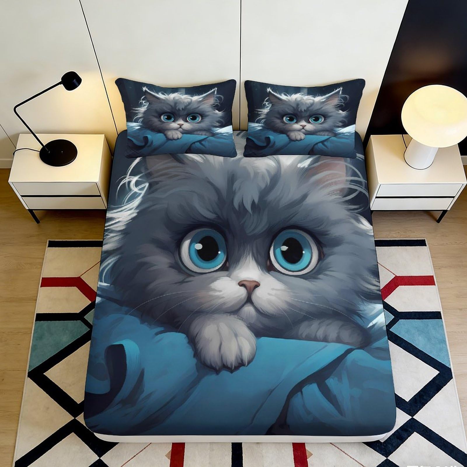 3D Printed Cute Cat Fitted Sheet Microfiber Soft Breathable Big Eyes Bed Cover for Bedroom Dormitory Guest Room Mattress Protection Decoration 160x200x25cm