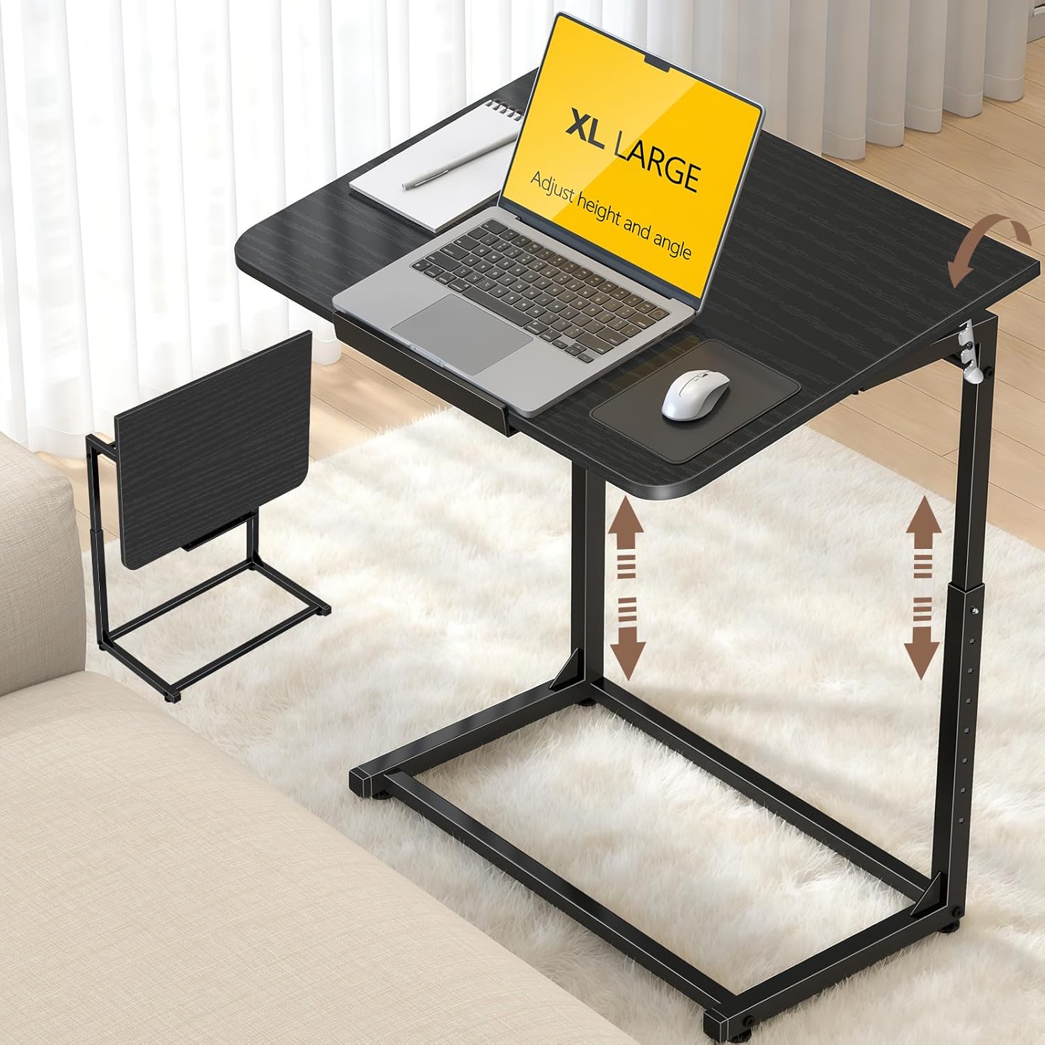 Extra Large Heavy Duty TV Tray Table, 23.6" Folding C-Shaped Laptop Desk for Couch & Bed, Height & Tilt Adjustable Overbed End Table with Phone/Tablet Slot, Easy Clean Black Finish for Small Spaces